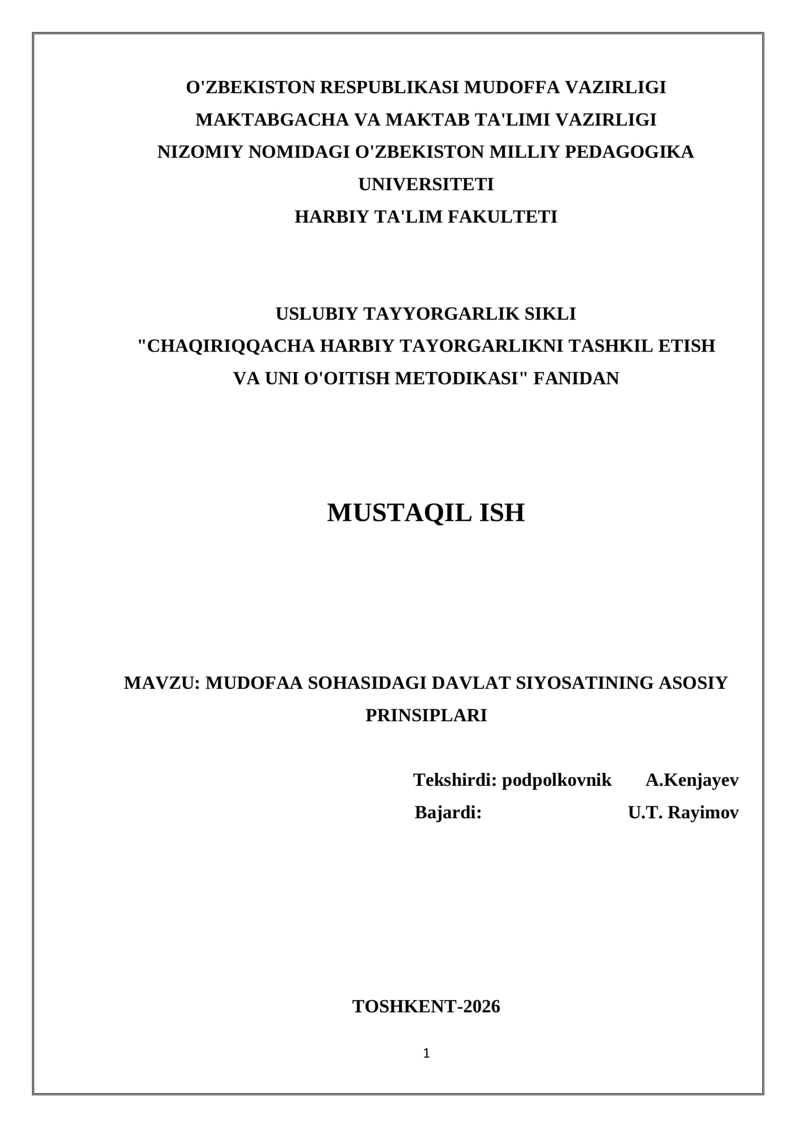 MUDOFAA SOHASIDAGI DAVLAT SIYOSATINING ASOSIY PRINSIPLARI