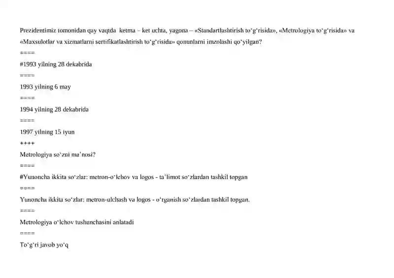 Metrologiya fanidan test savollari