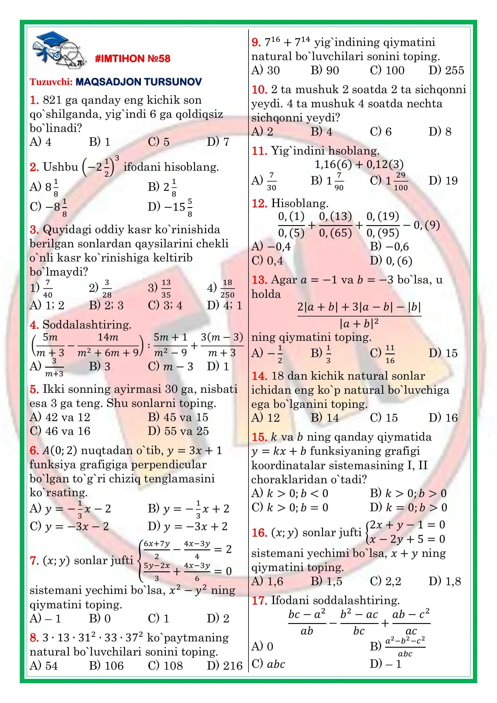 Chiziqli funksiya mavzusiga oid imtihon