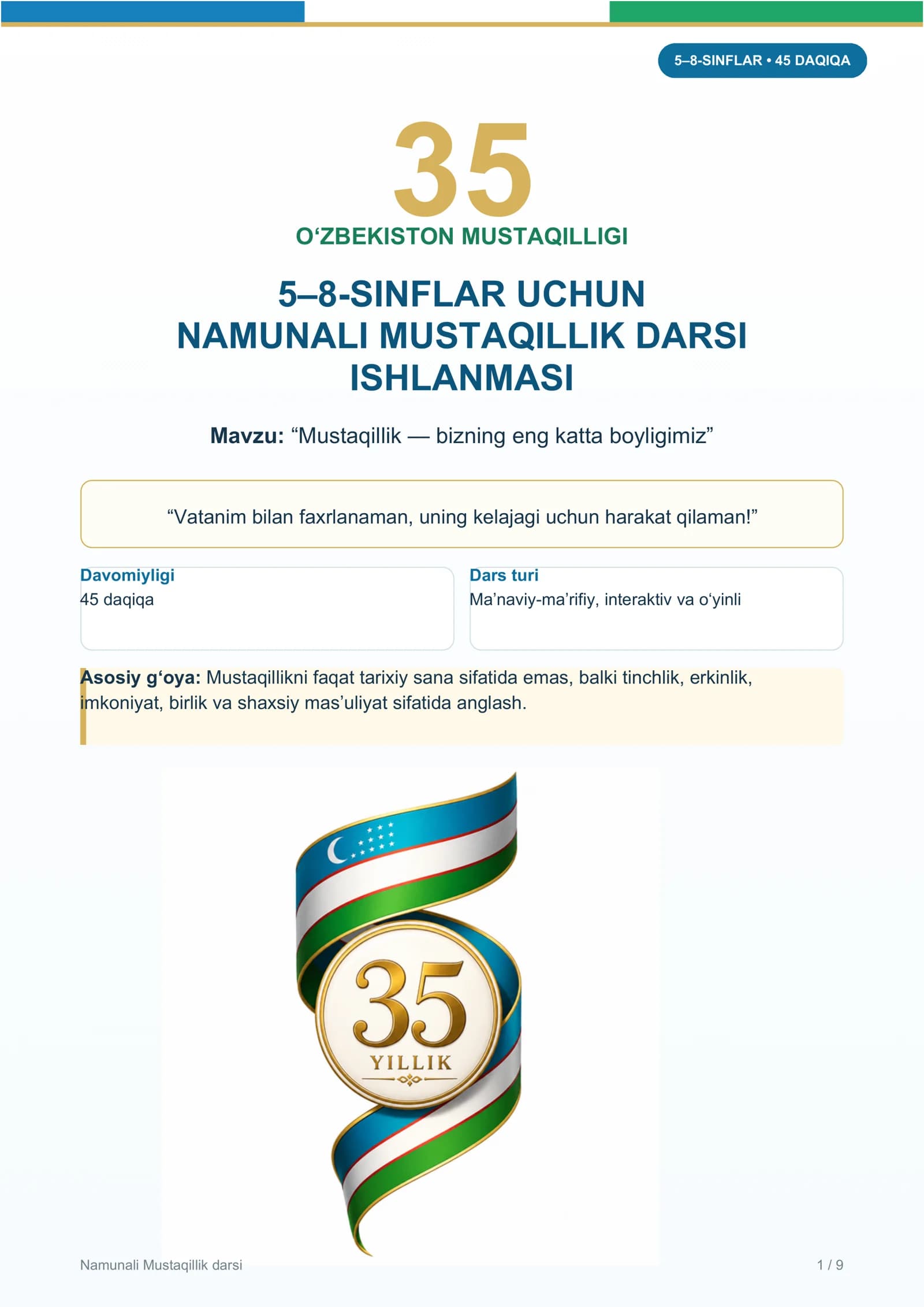 MUSTAQILLIK DARSI 5-8 SINFLAR 2026-2027 O'QUV YILI UCHUN