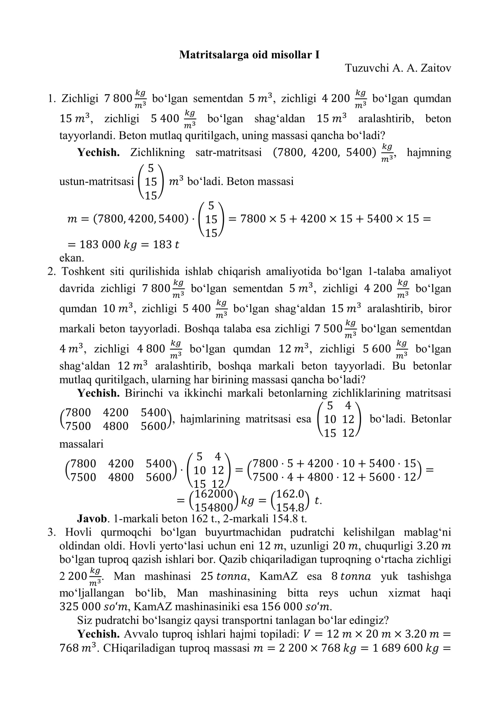 Matritsalarga oid misollar I