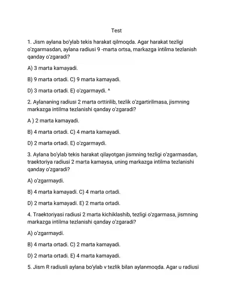 Fizikadan testlar
