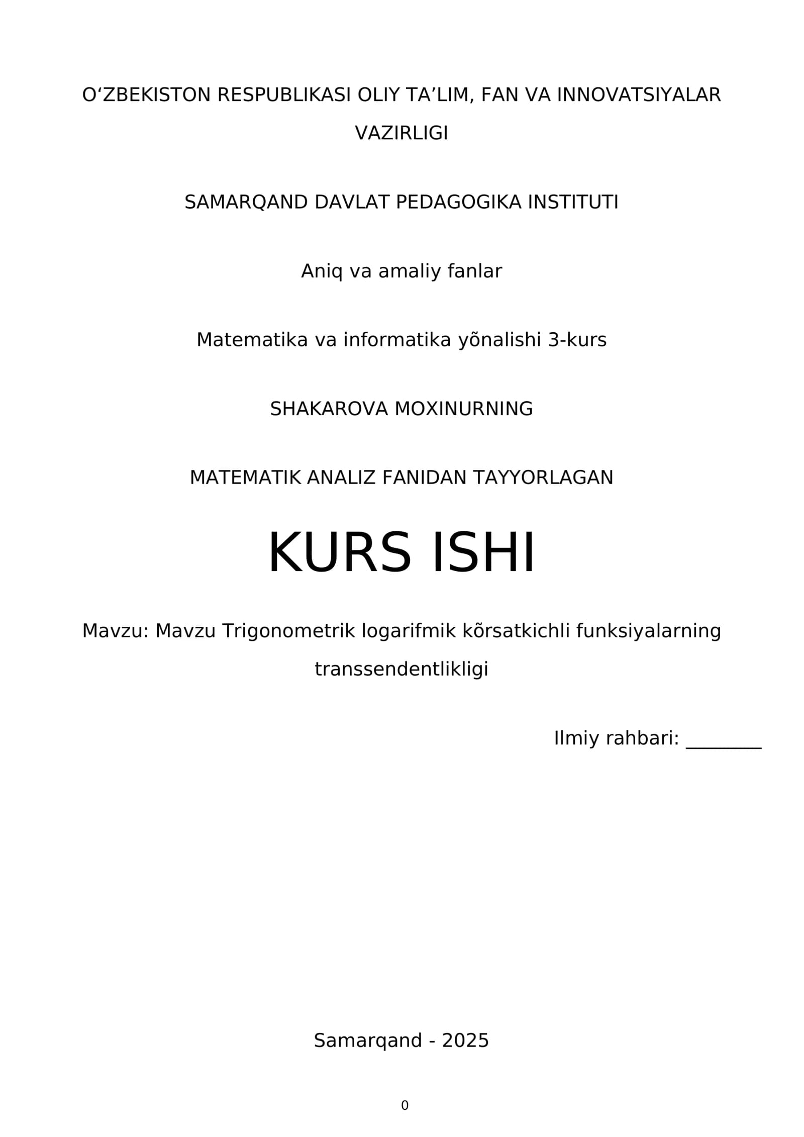 MATAMATIK ANALIZ FANIDAN TAYYORLAGAN KURS ISHI