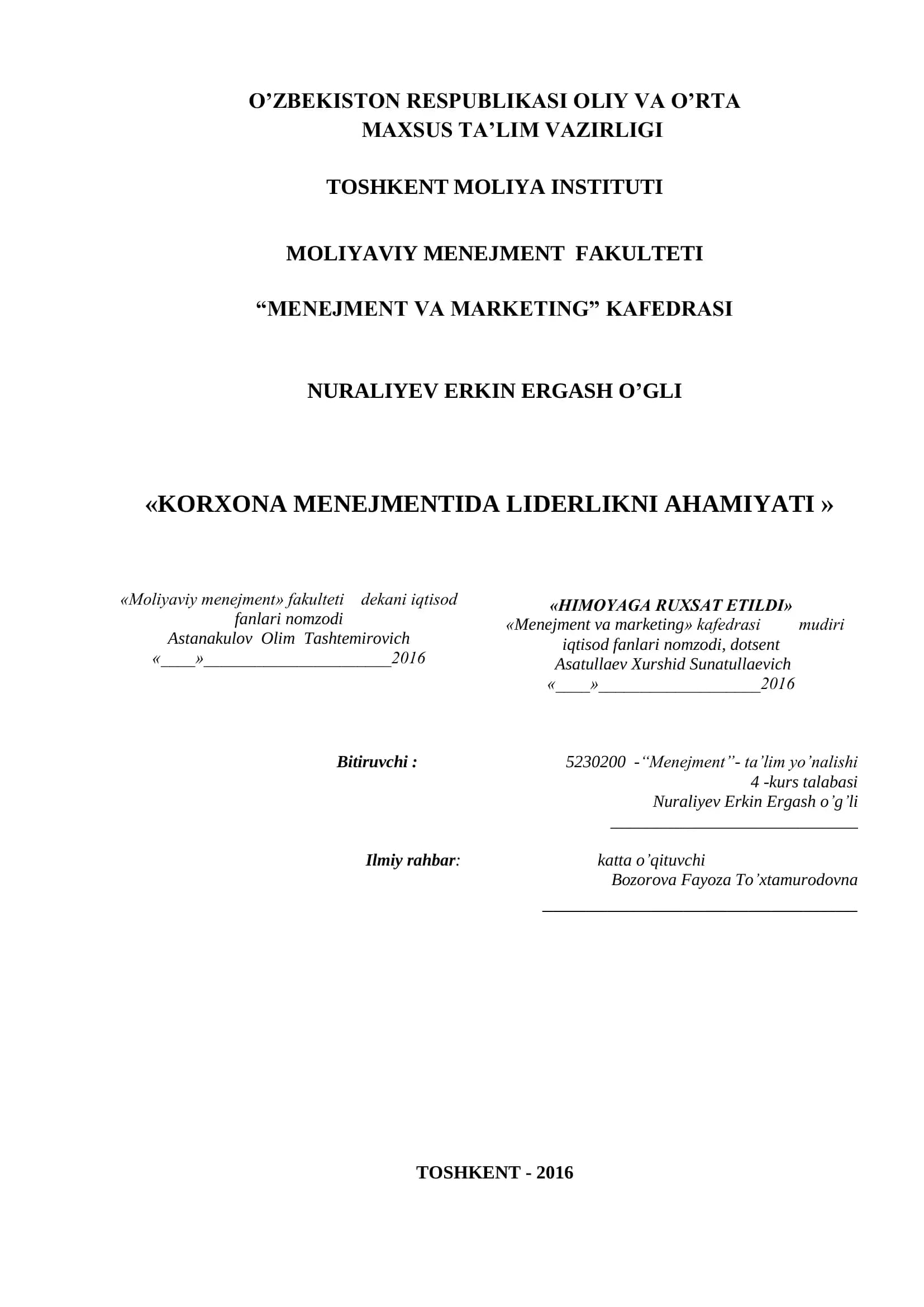 KORXONA MENEJMENTIDA LIDERLIKNI AHAMIYATI