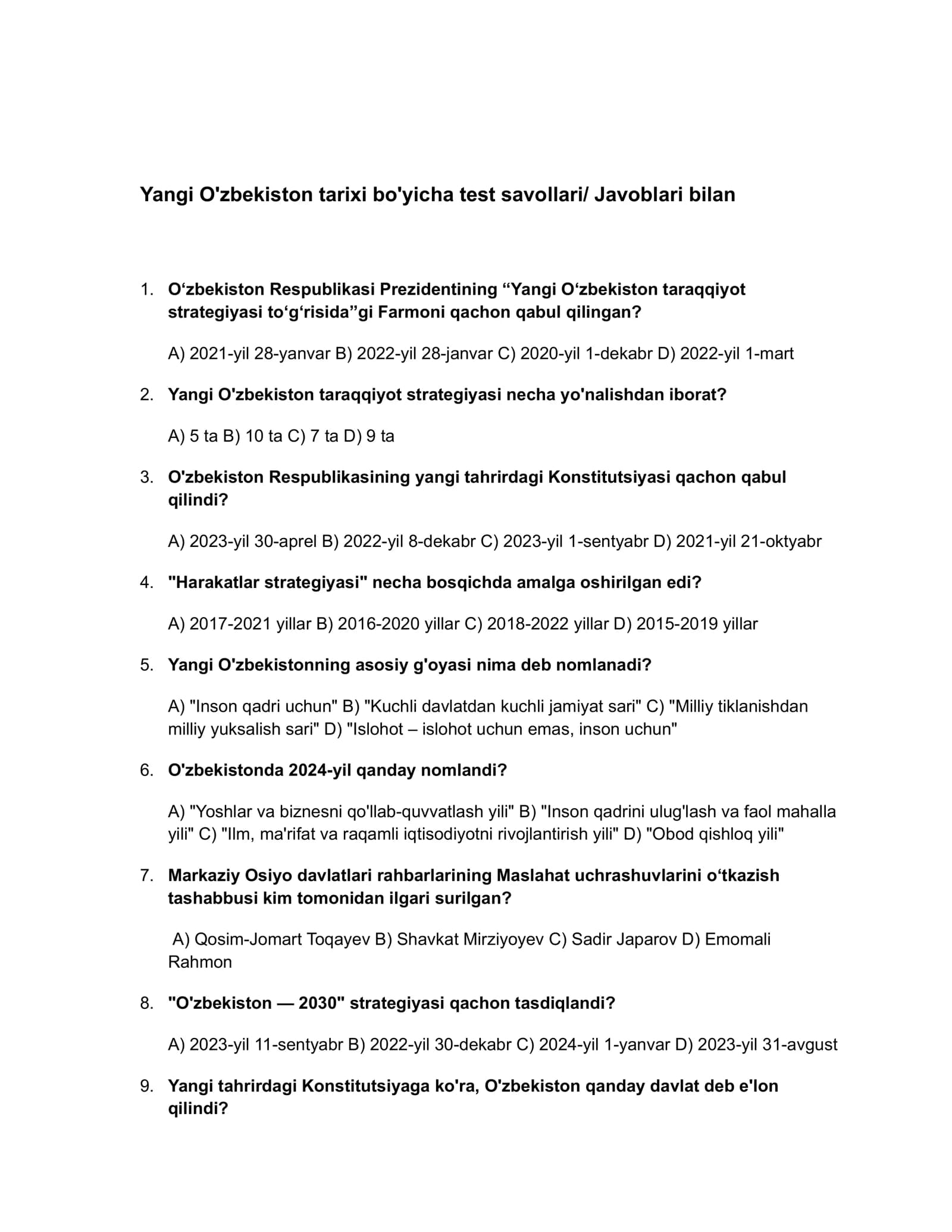 O'zbekiston eng yangi tarixi test 2026 + Javobi bilan