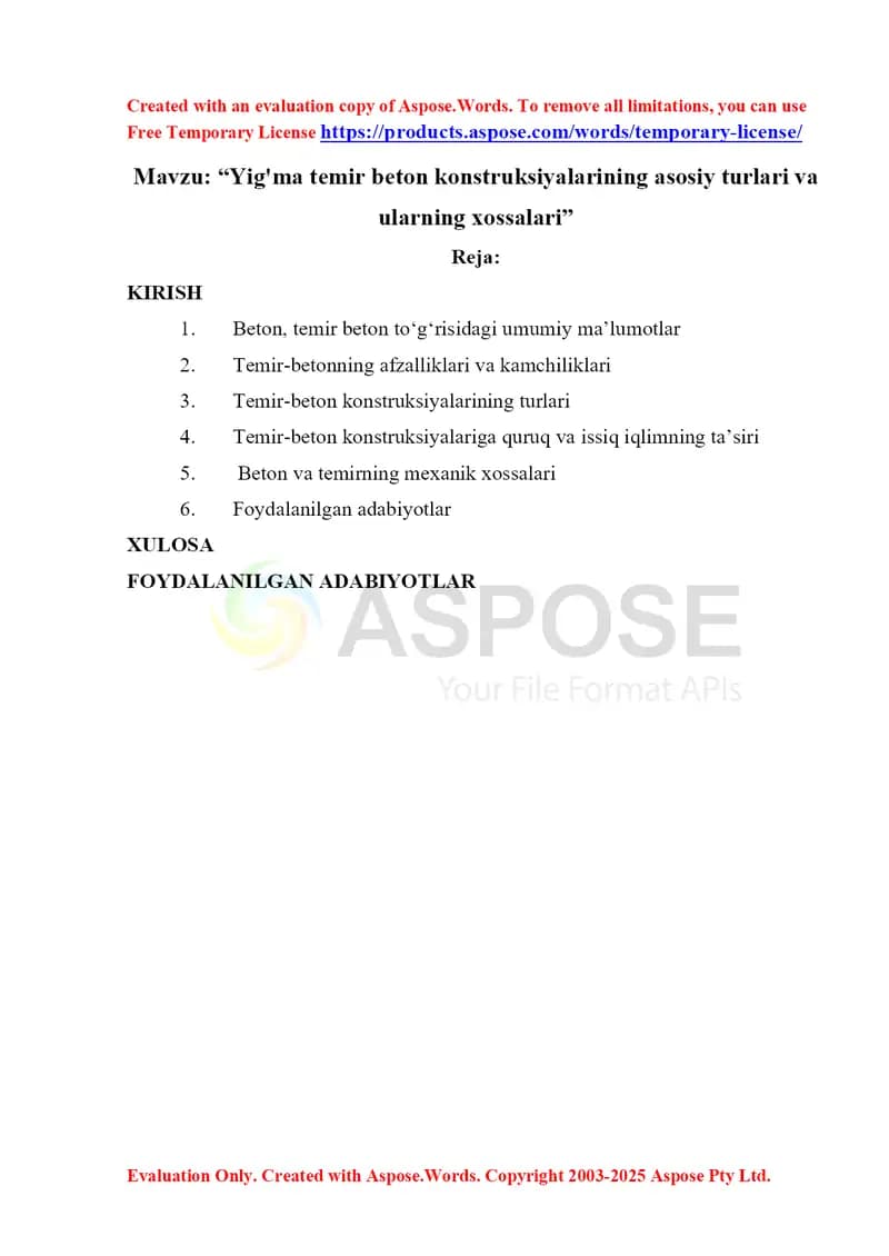 Yig'ma temir beton konstruksiyalarining asosiy turlari va ularning xossalari