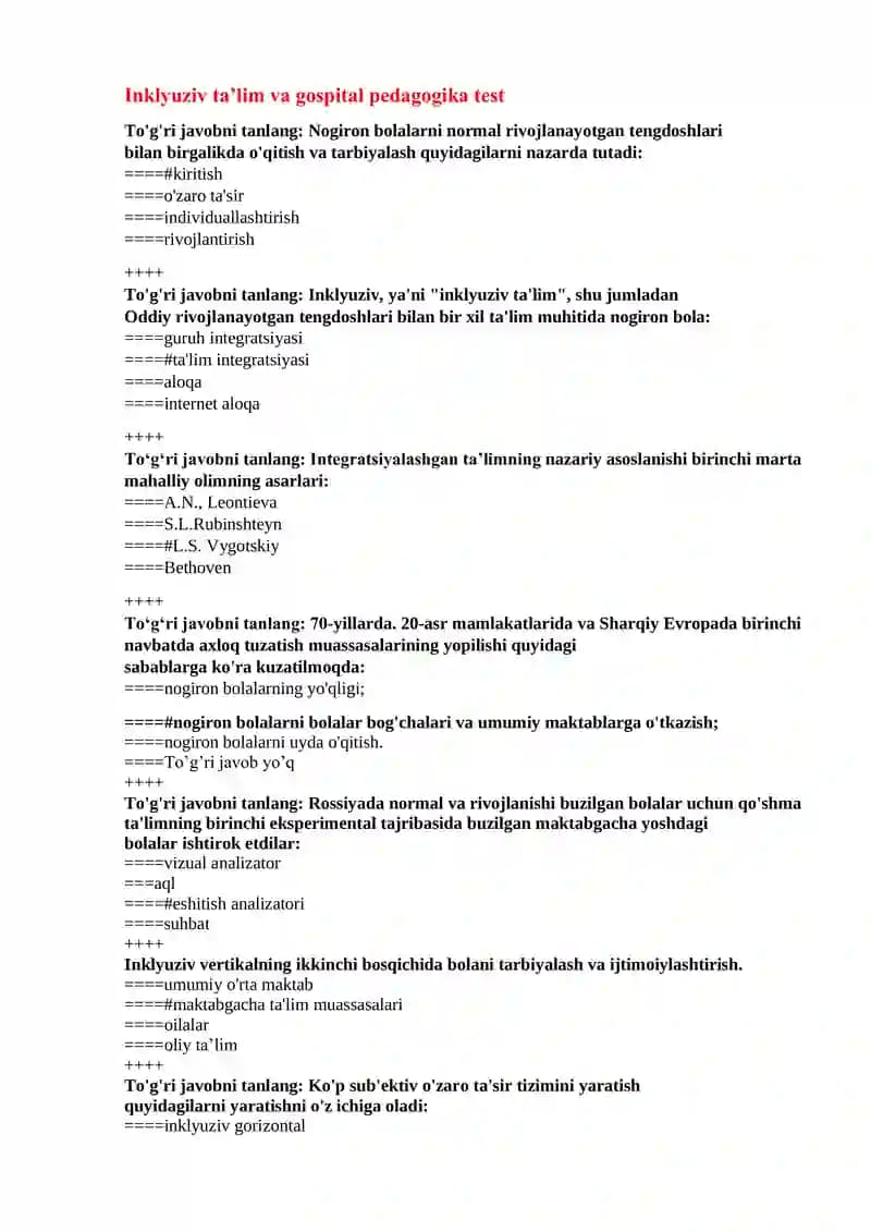 Inklyuziv ta‟lim va gospital pedagogika test