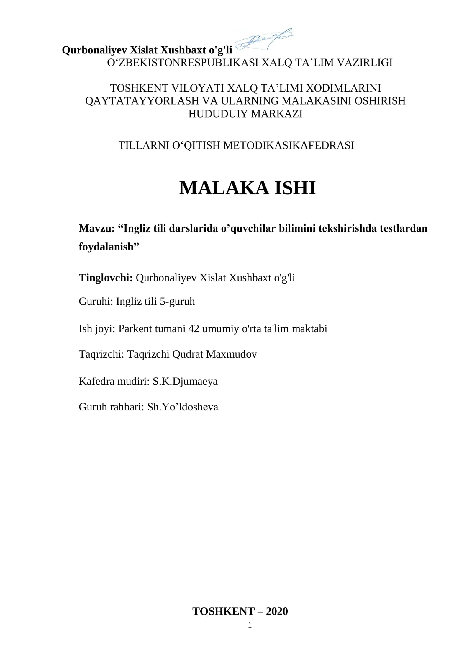 Ingliz tili darslarida o’quvchilar bilimini tekshirishda testlardan foydalanish