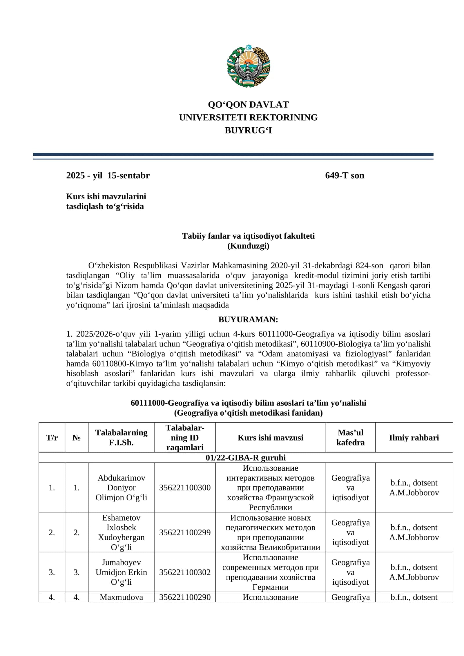 Kurs ishi mavzularini tasdiqlash