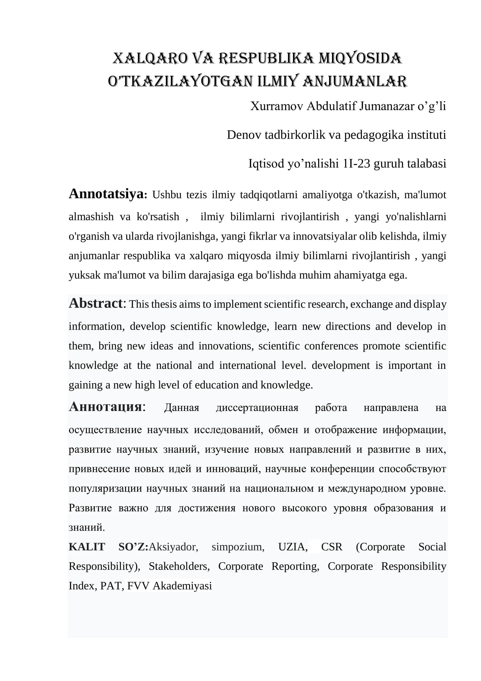 XALQARO VA RESPUBLIKA MIQYOSIDA O’TKAZILAYOTGAN ILMIY ANJUMANLAR