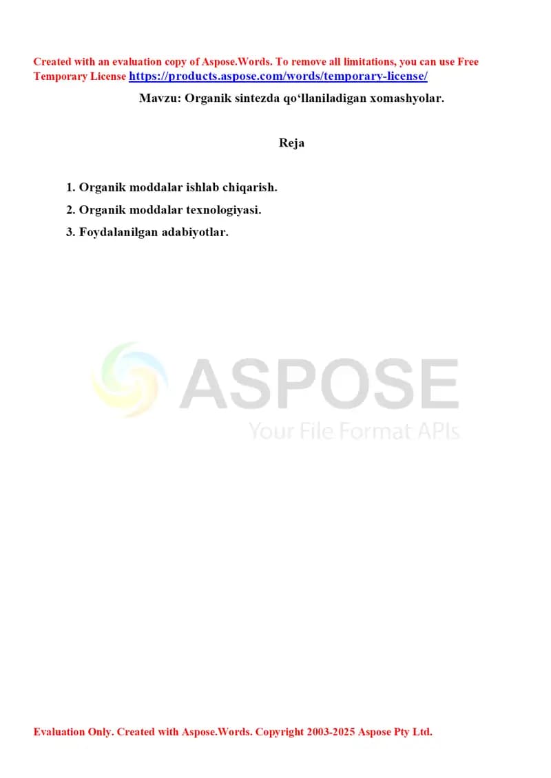 Organik sintezda qoʻllaniladigan xomashyolar. Referat 5 bet.
