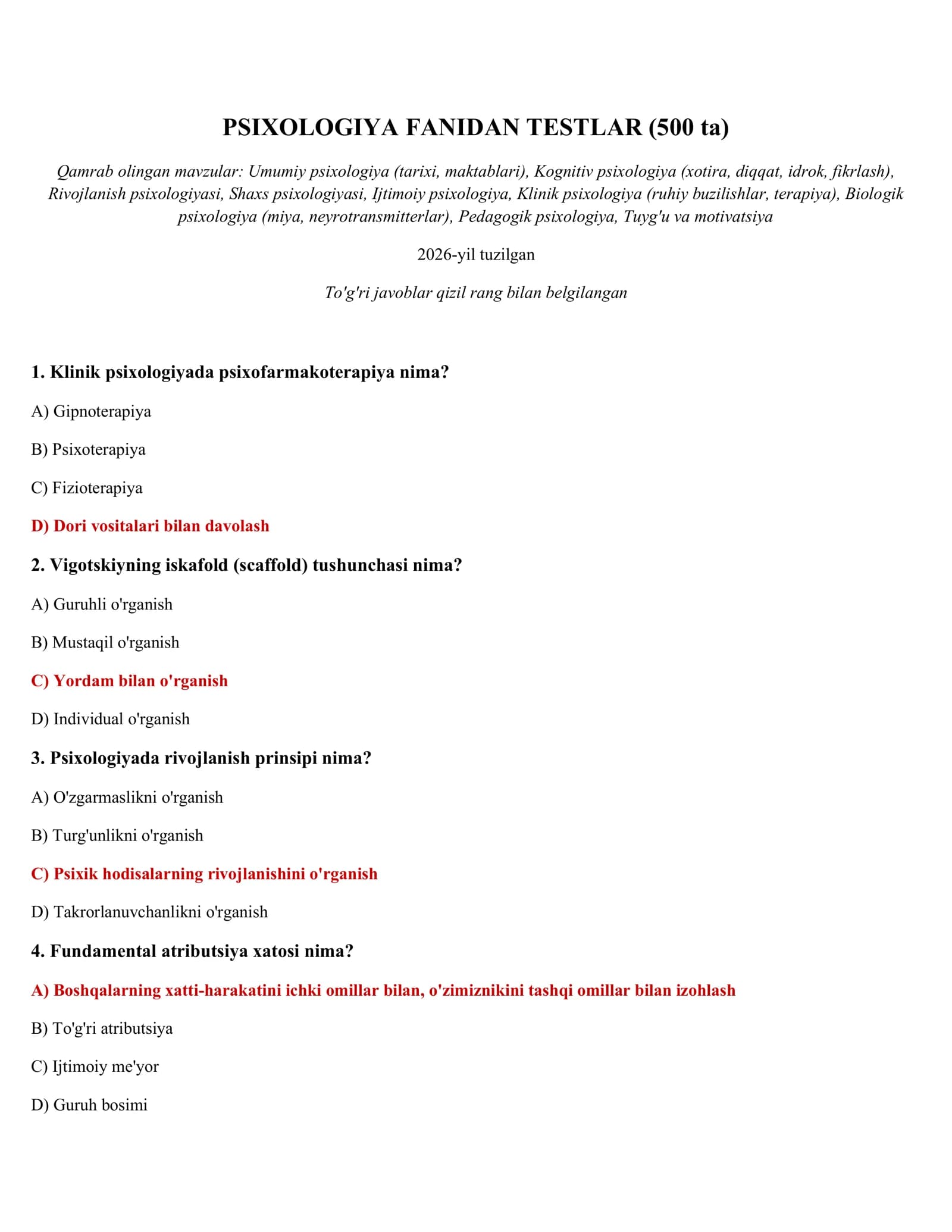 PSIXOLOGIYA FANIDAN TESTLAR (500 ta)