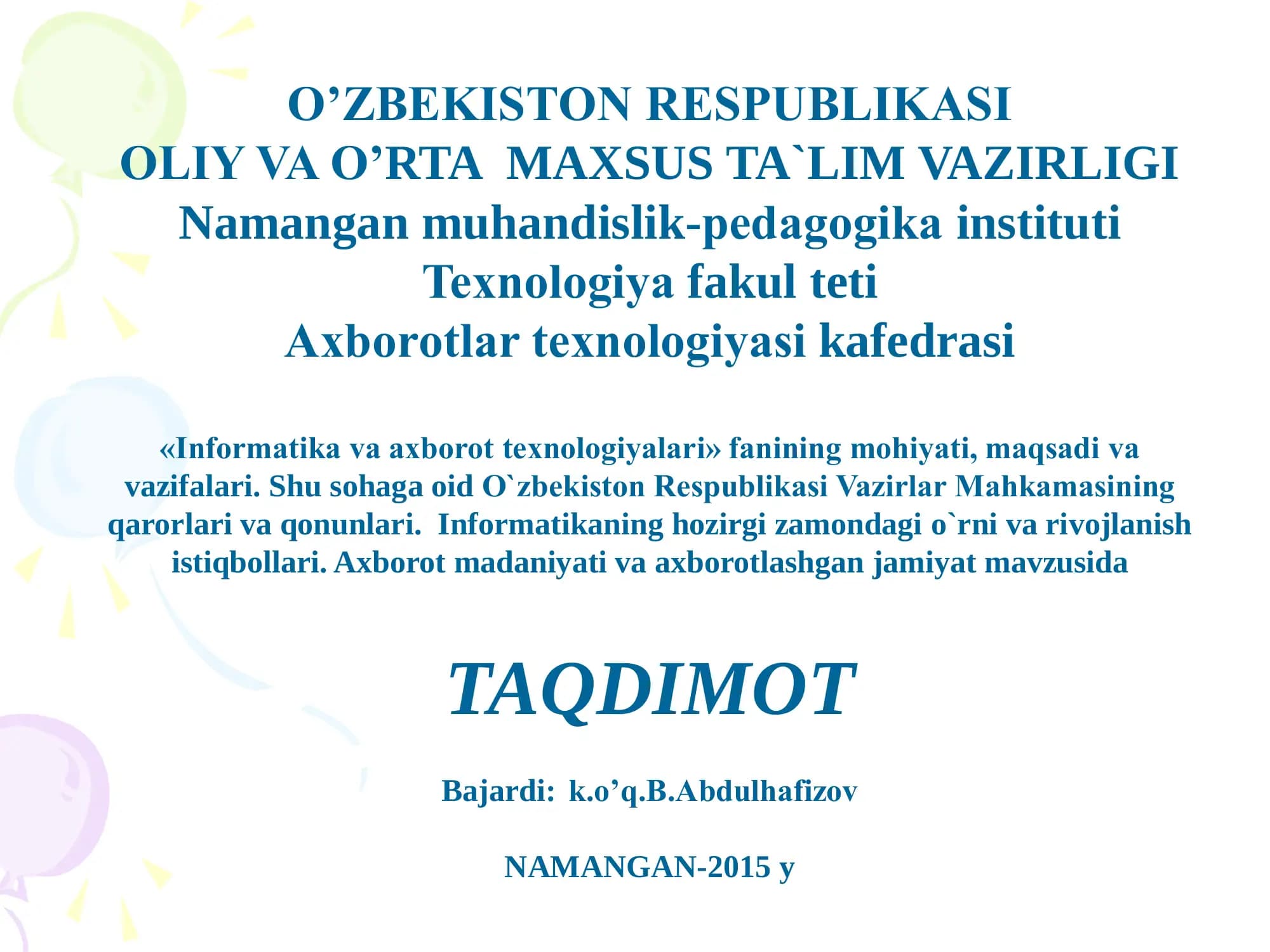 Informatika va axborot tеxnologiyalari