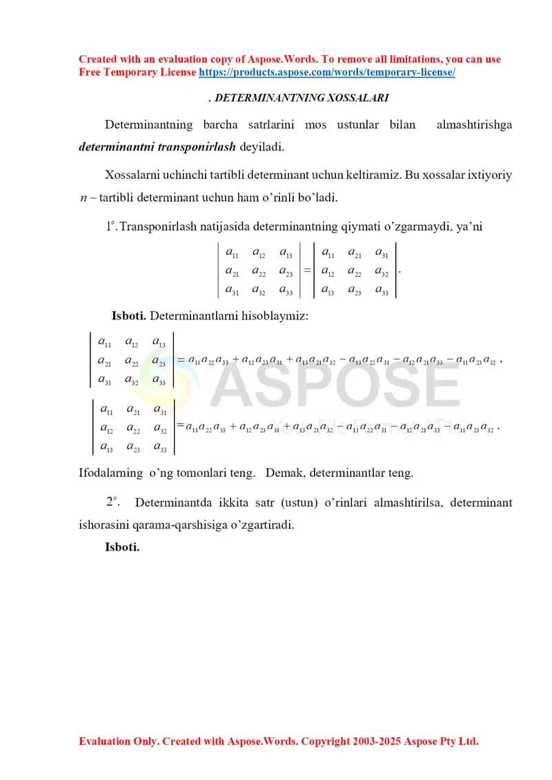 Determinantning xossalari