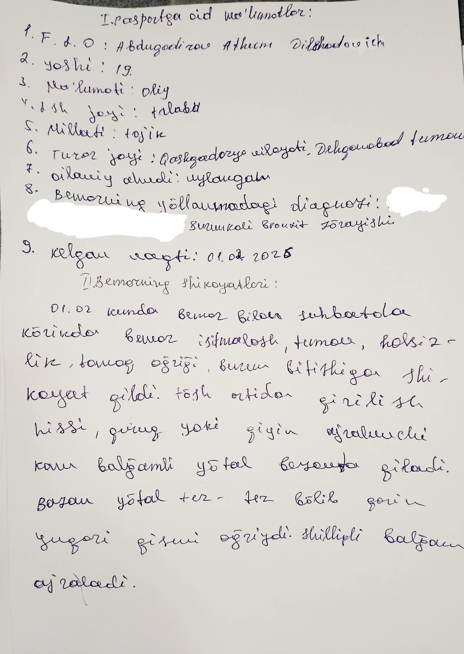 kasallik tarixi oʻtkir va surunkali bronxit IKP