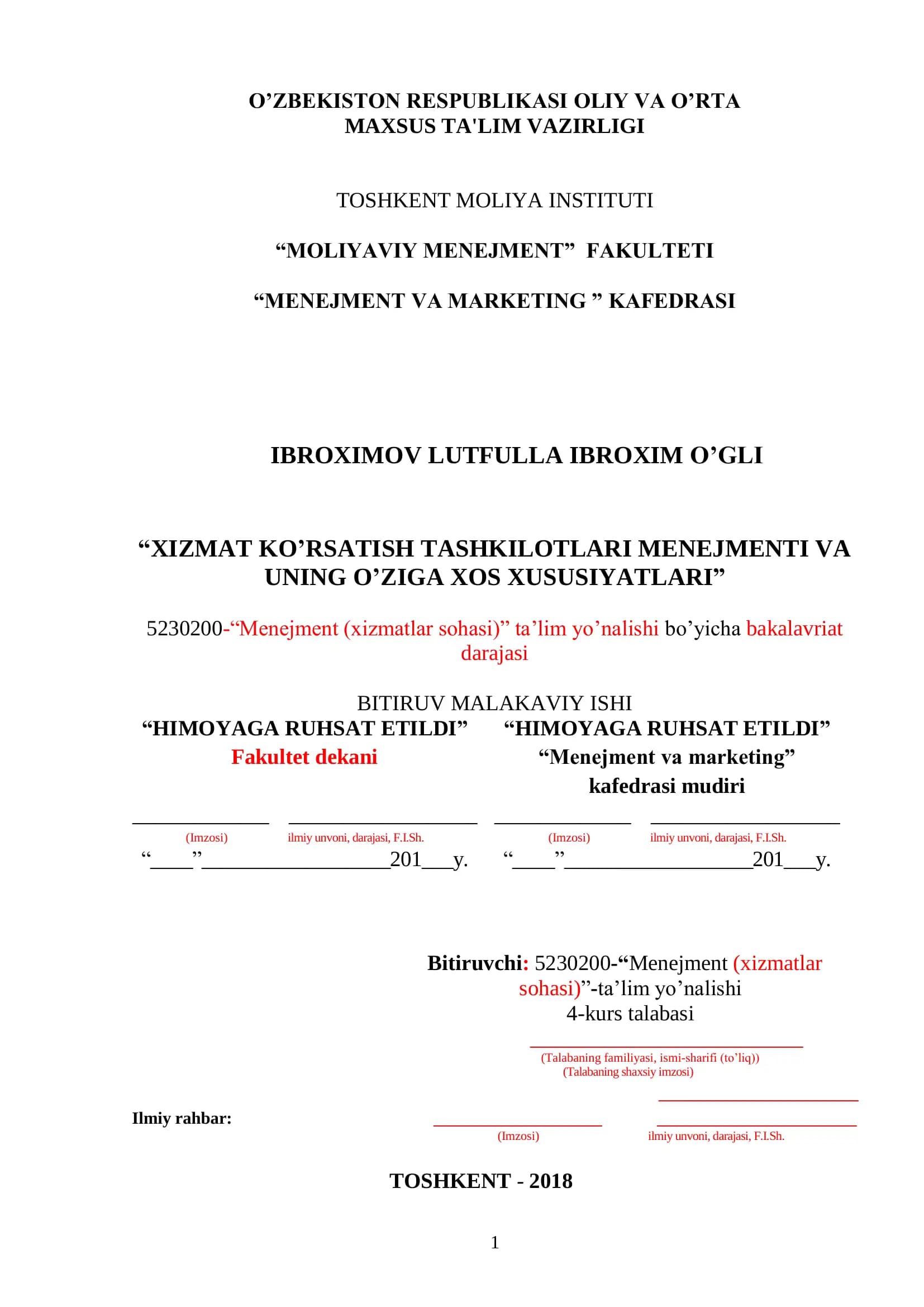 XIZMAT KO‟RSATISH TASHKILOTLARI MENEJMENTI VA UNING O‟ZIGA XOS XUSUSIYATLAR