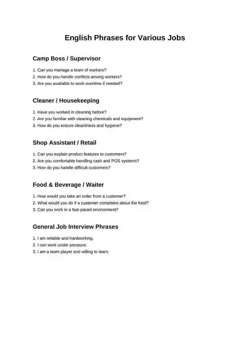 English Phrases for Various Jobs