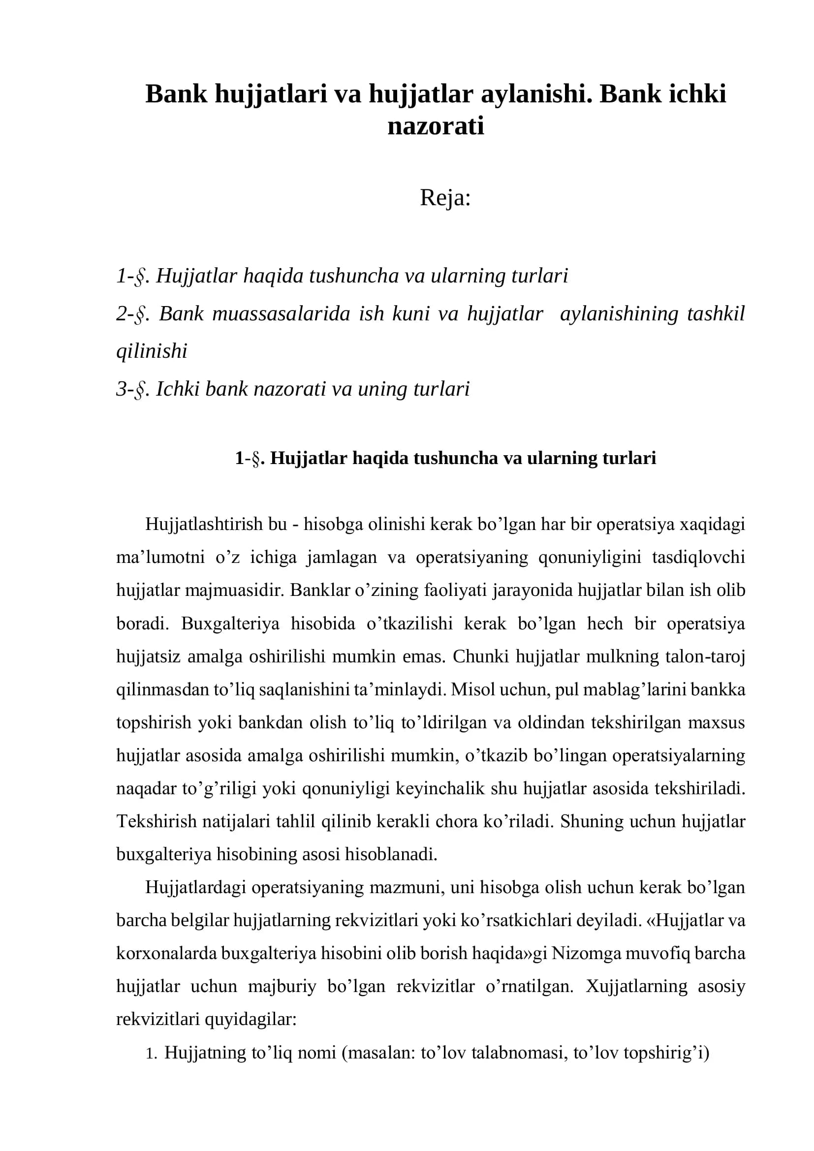 Banklar Hujjatlari va Hujjatlar Aylanishi