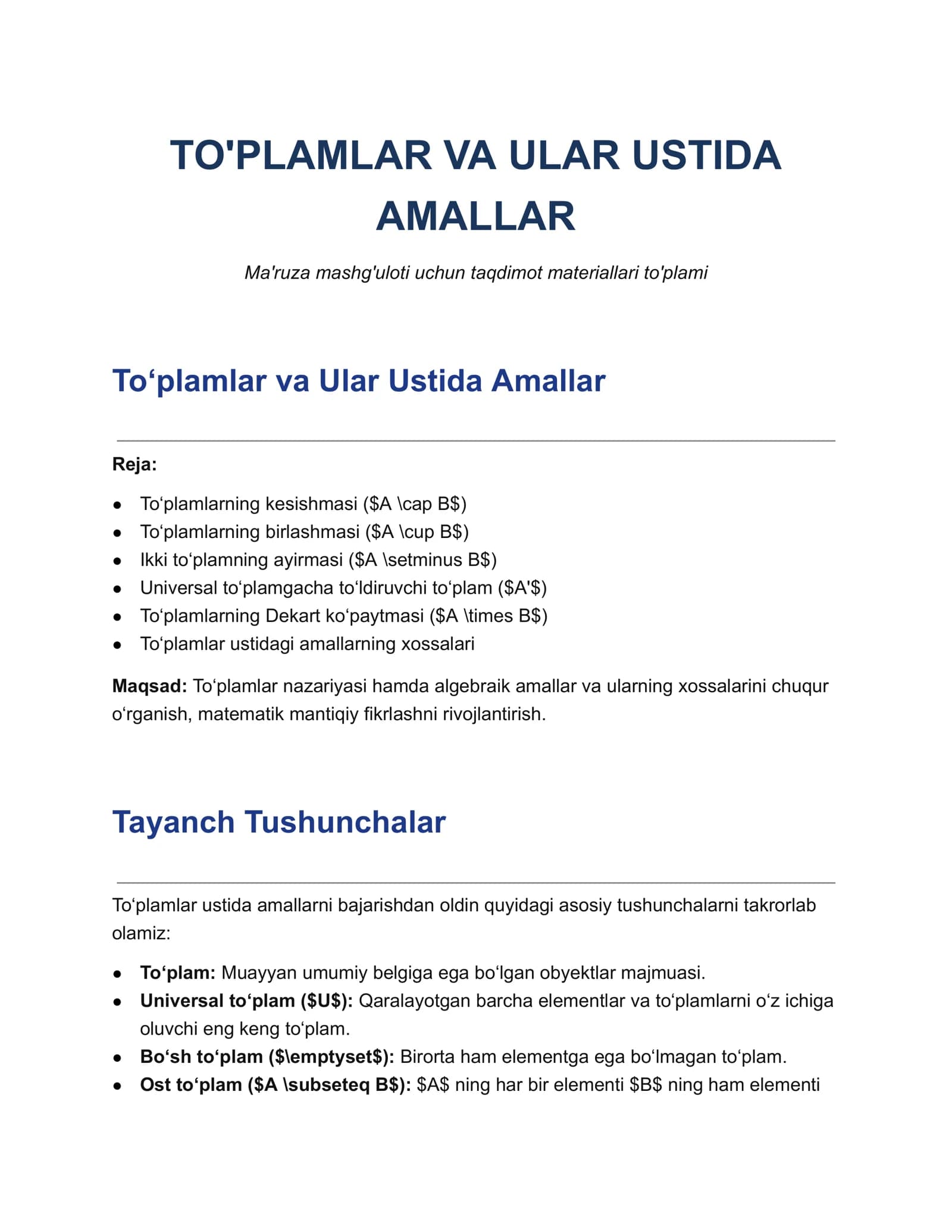 To'plamlar va Ular Ustida Amallar