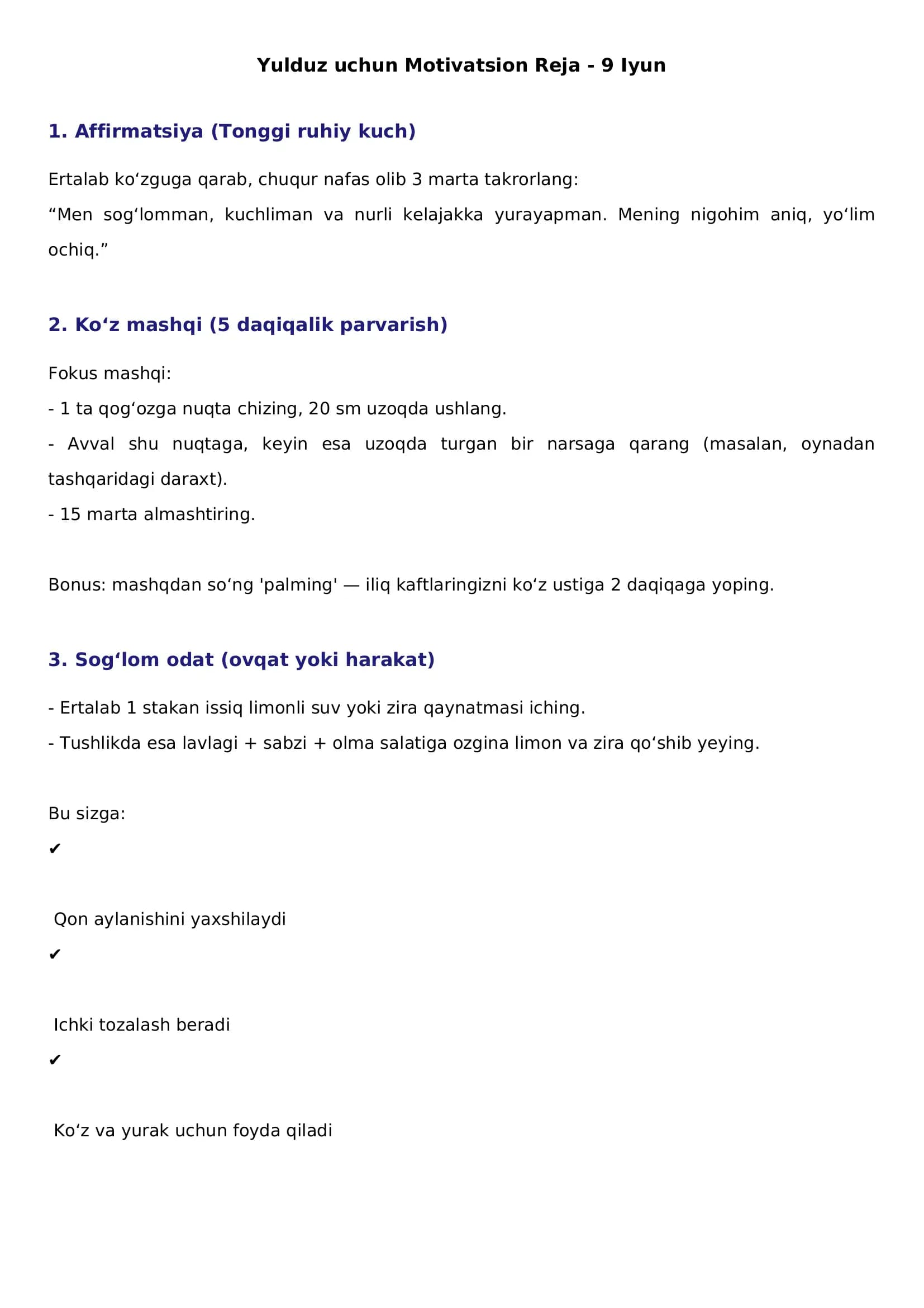 Ayollar uchun Motivatsion Reja