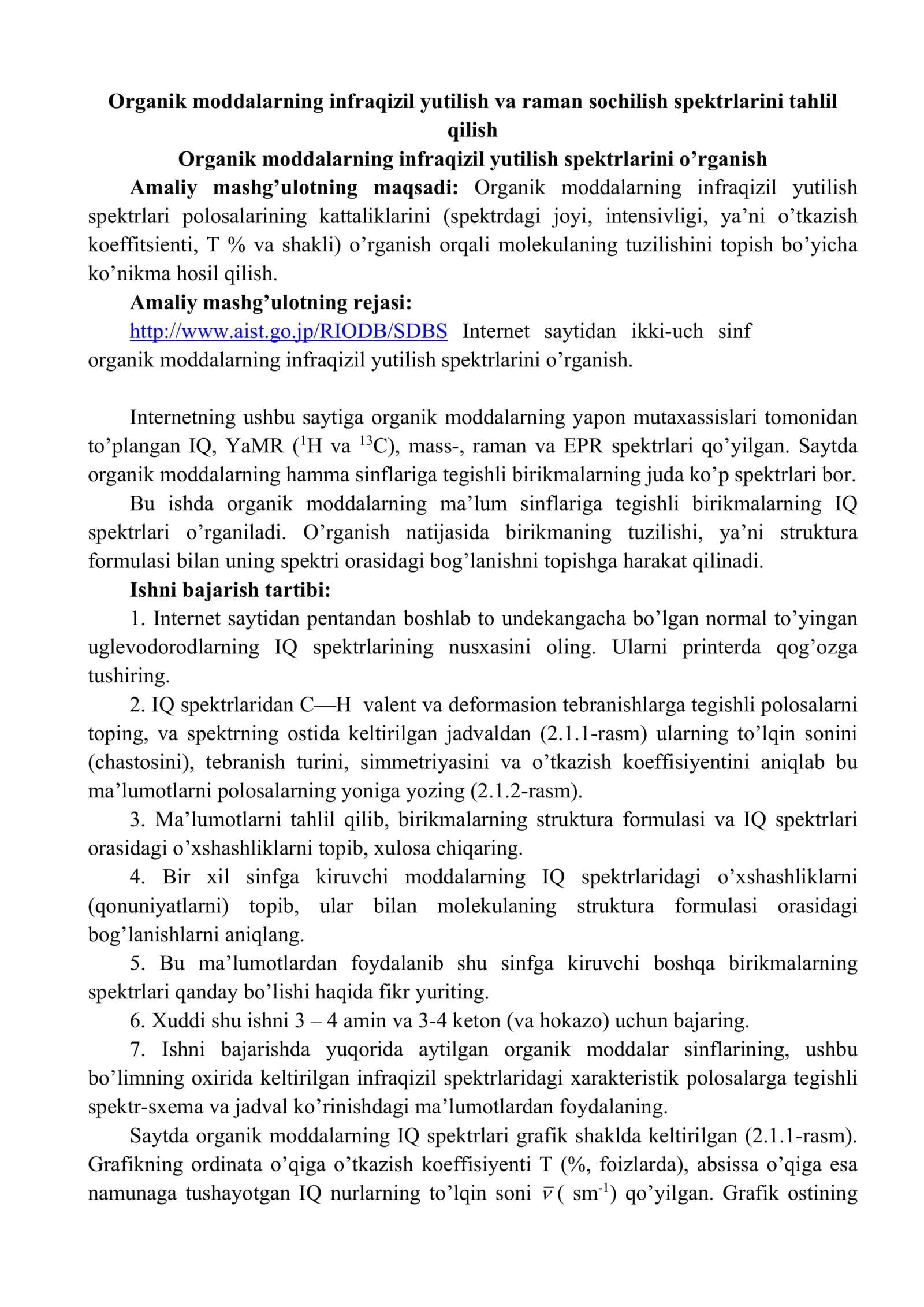 Organik moddalarning infraqizil yutilish va raman sochilish spektrlarini tahlil qilish