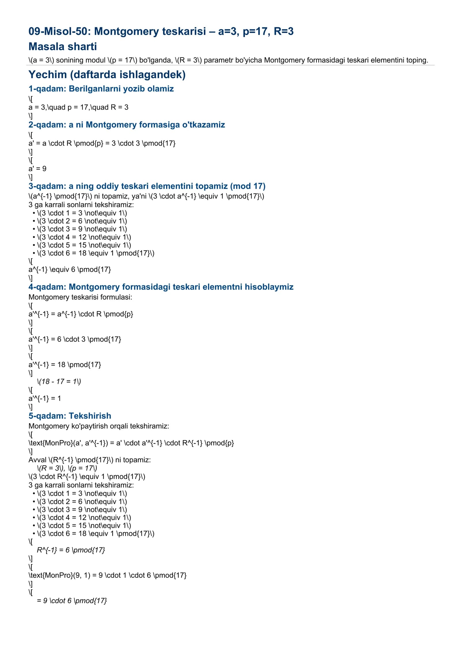 09-Misol-50: Montgomery teskarisi – a=3, p=17, R=3