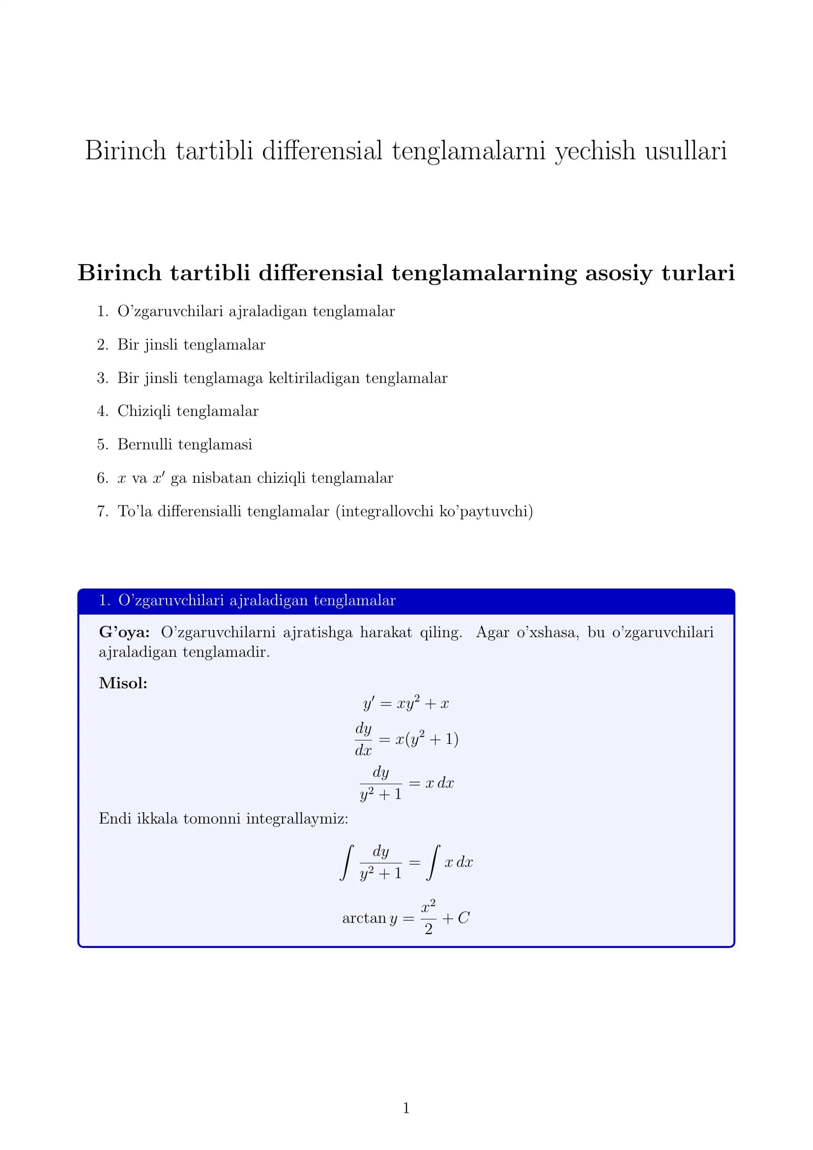 Birinch tartibli differensial tenglamalarni yechish usullari