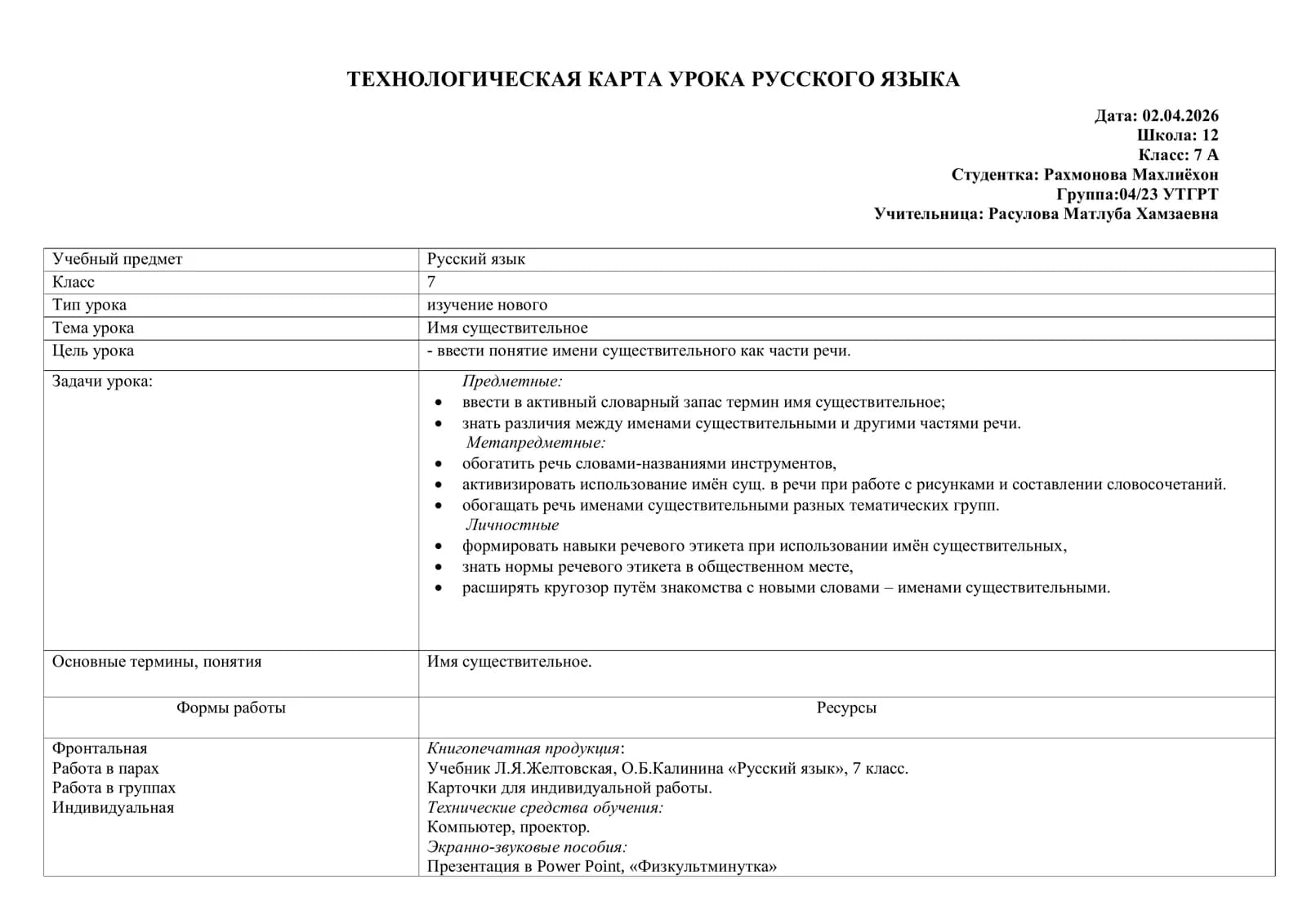 Имя существительное ТЕХНОЛОГИЧЕСКАЯ КАРТА УРОКА РУССКОГО ЯЗЫКА