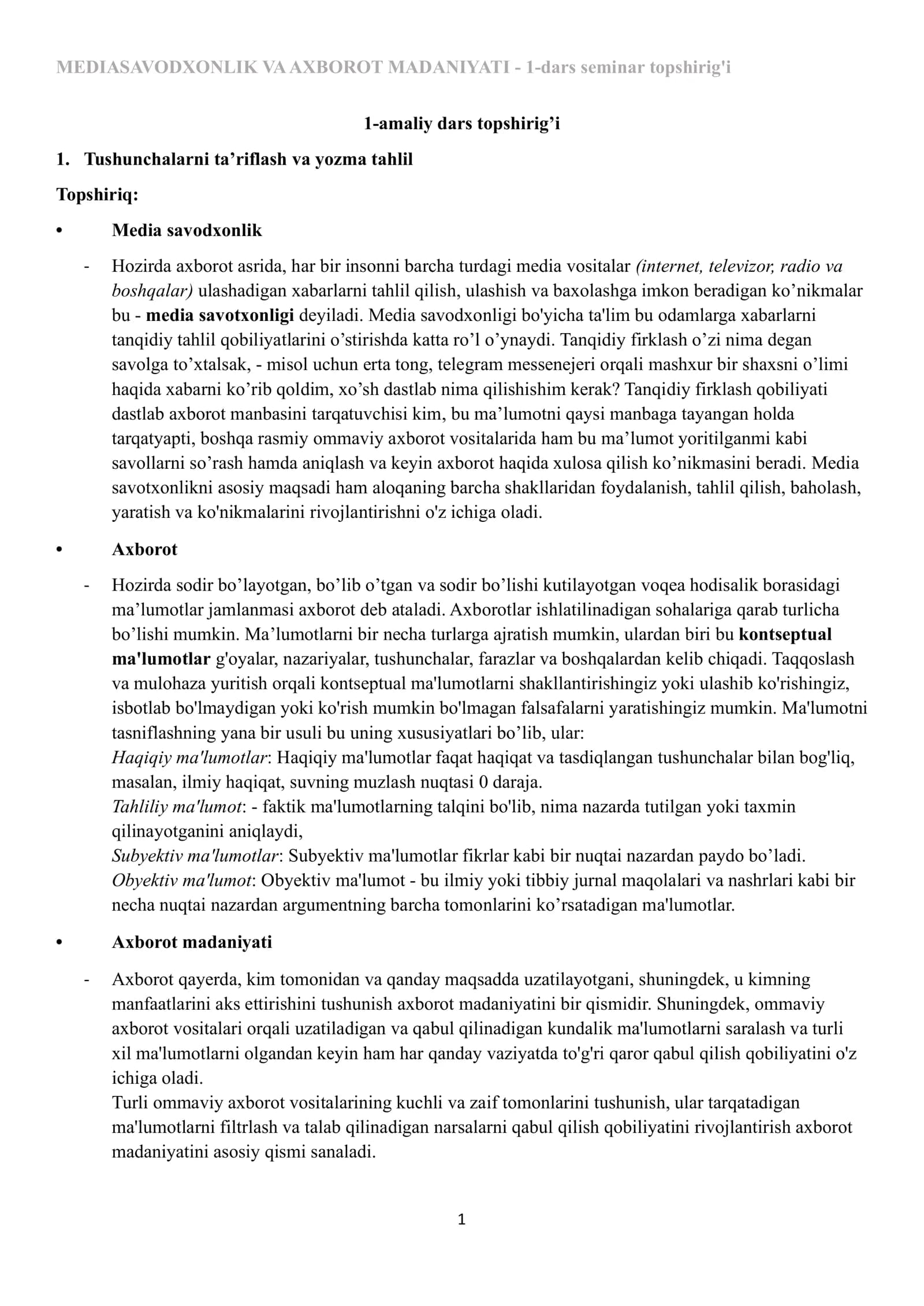 MEDIASAVODXONLIK VA AXBOROT MADANIYATI  amaliy  topshiriq