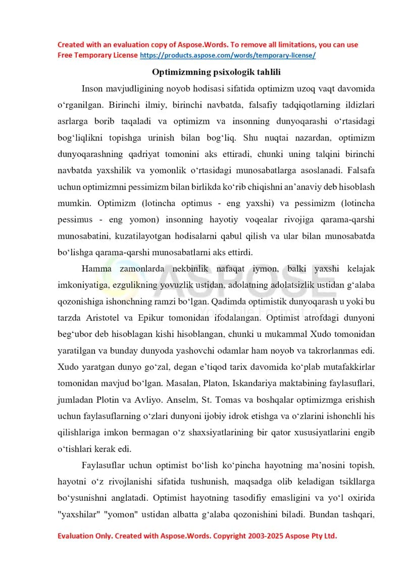 Optimizmning psixologik tahlili