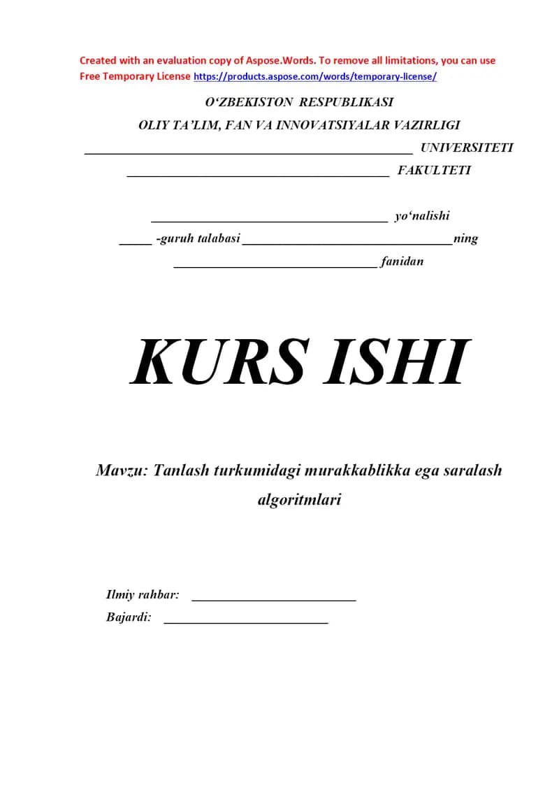 Tanlash turkumidagi murakkablikka ega saralash algoritmlari kurs ishi