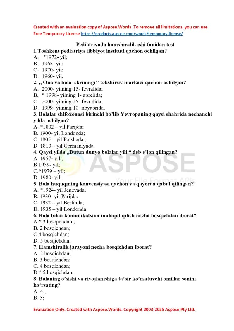 Pediatriyada hamshiralik ishi fanidan test