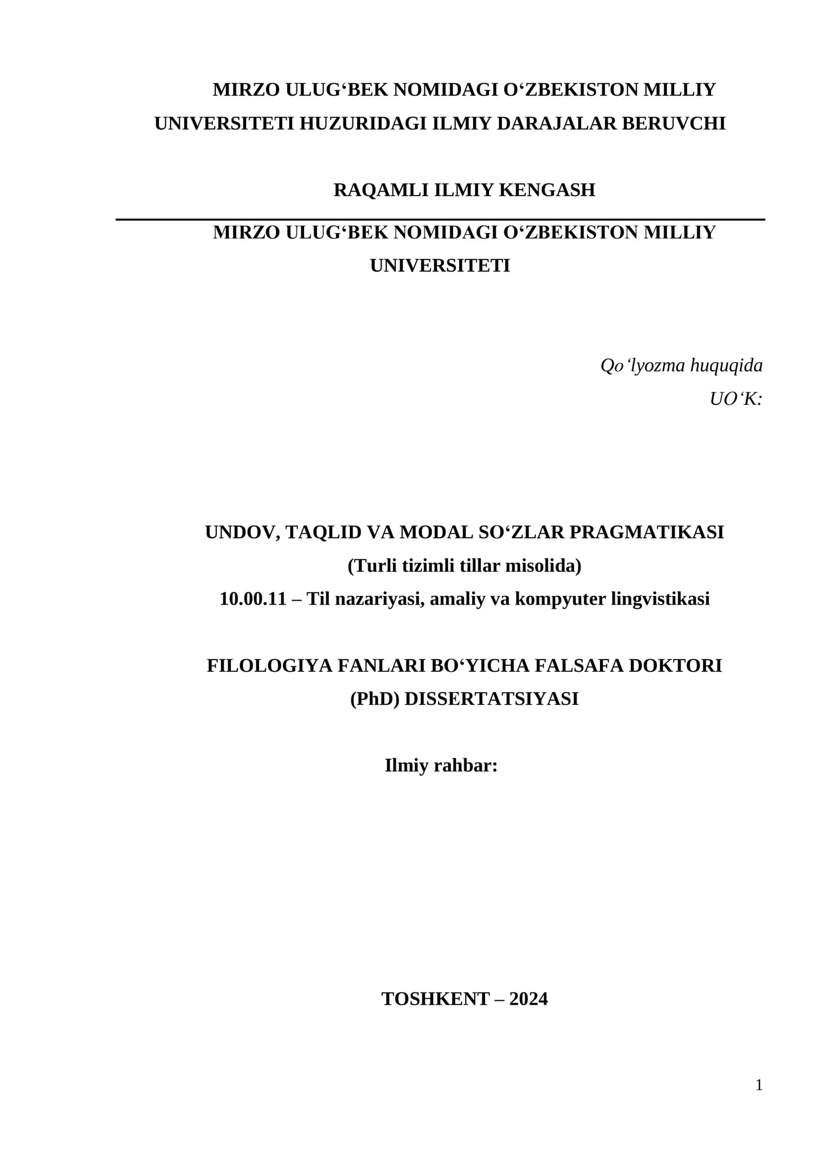 UNDOV, TAQLID VA MODAL SO‘ZLAR PRAGMATIKASI  (Turli tizimli tillar misolida)