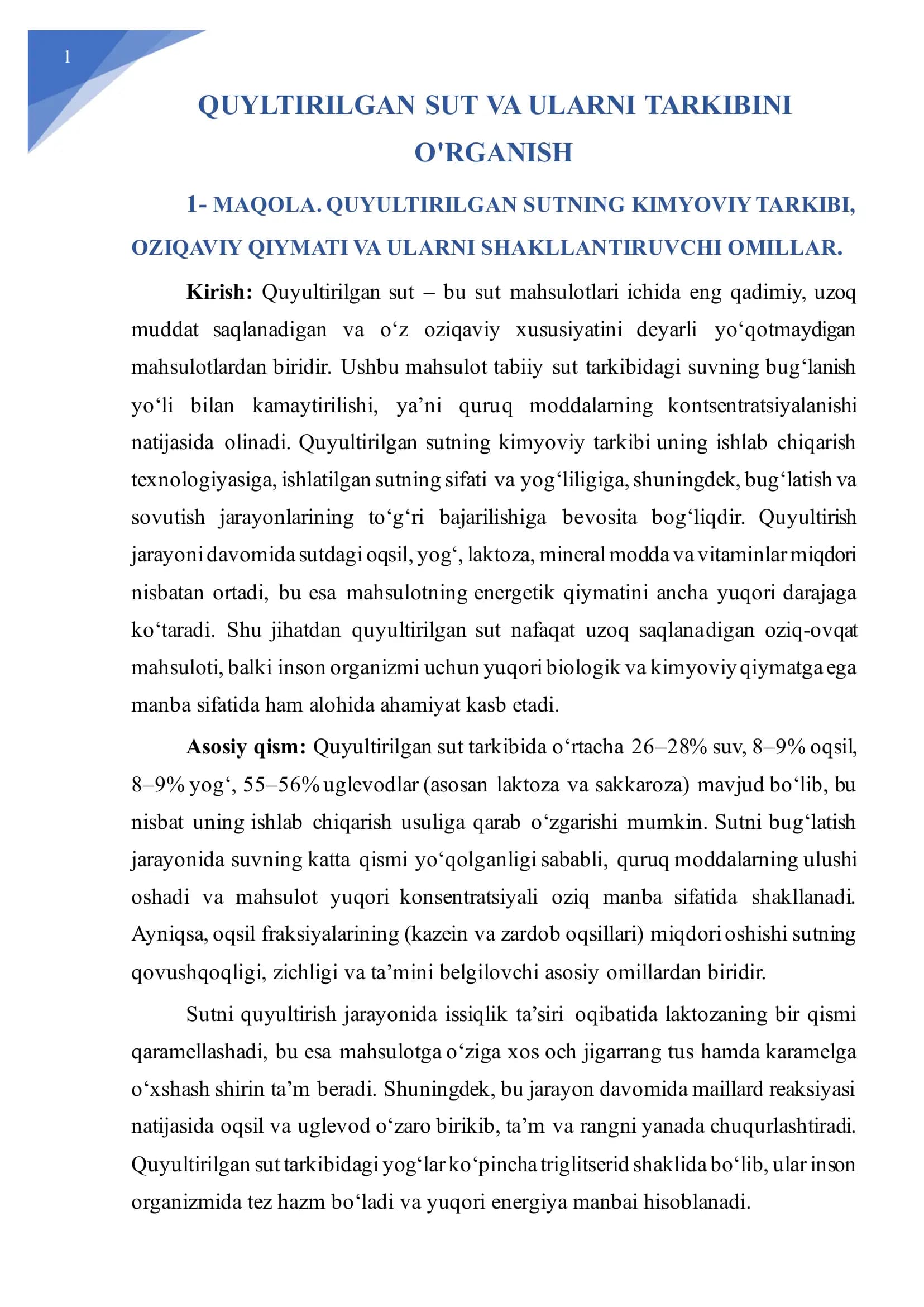 Quyultirilgan Sut va Ularni Tarkibini O'rganish