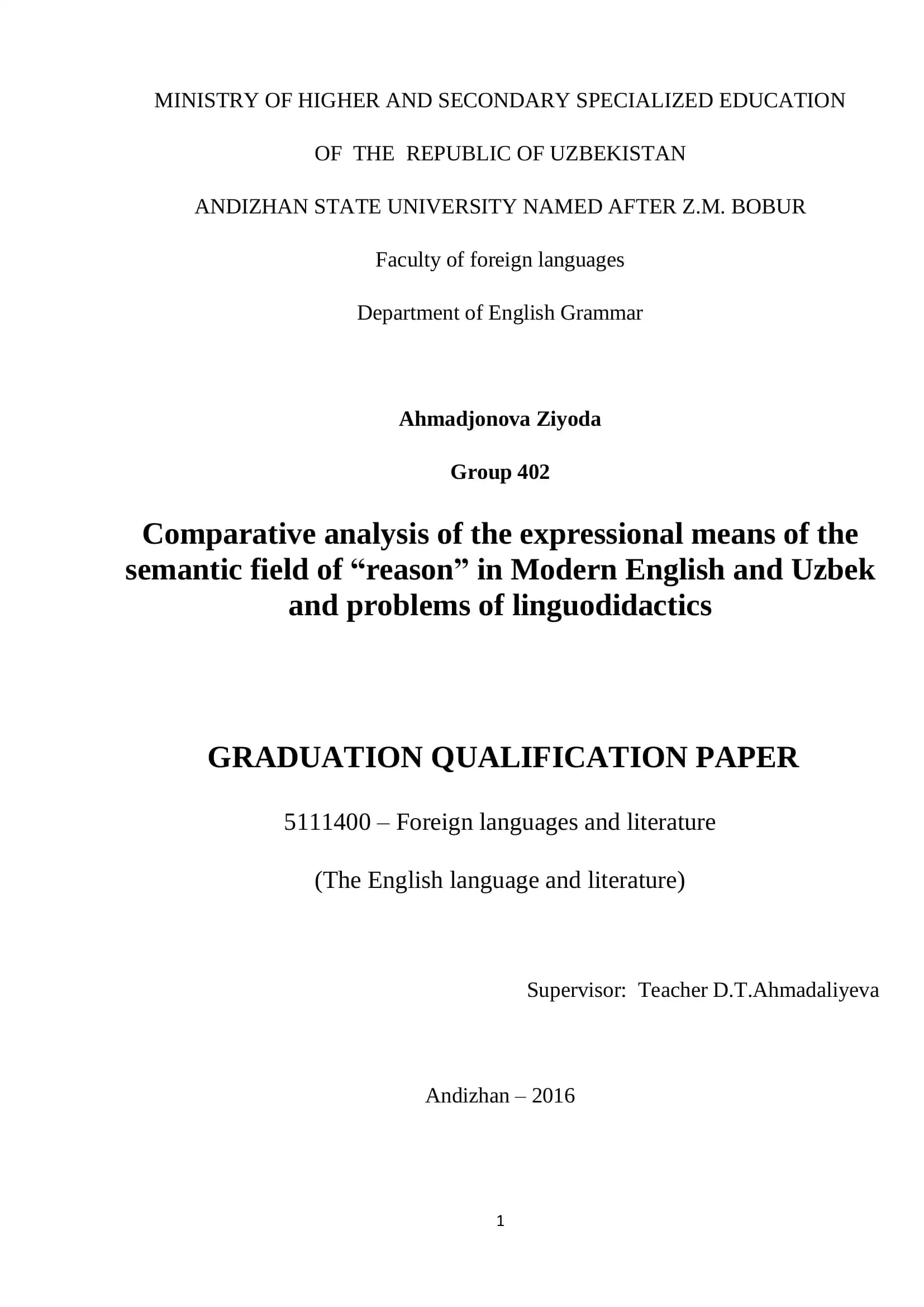 Comparative analysis of the expressional means of the semantic field of “reason” in Modern English and Uzbek and problems of linguodidactics