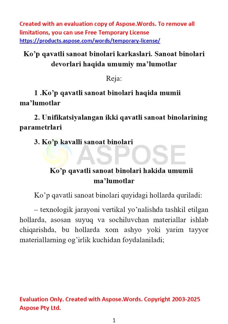 Ko‘p qavatli sanoat binolari karkaslari