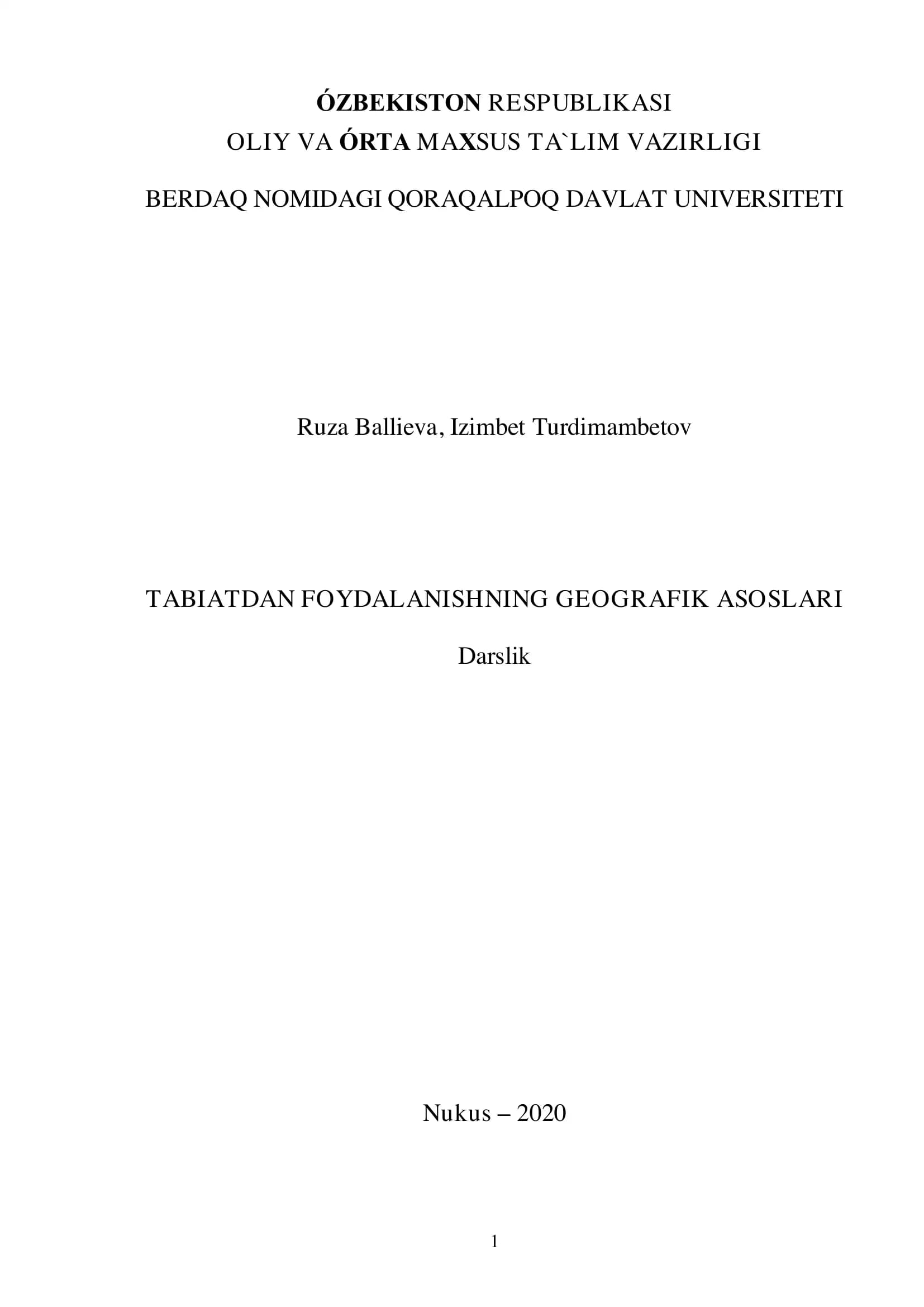 TABIATDAN FOYDALANISHNING GEOGRAFIK ASOSLARI