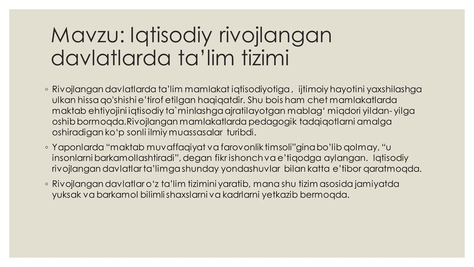 Iqtisodiy rivojlangan davlatlarda ta’lim tizimi