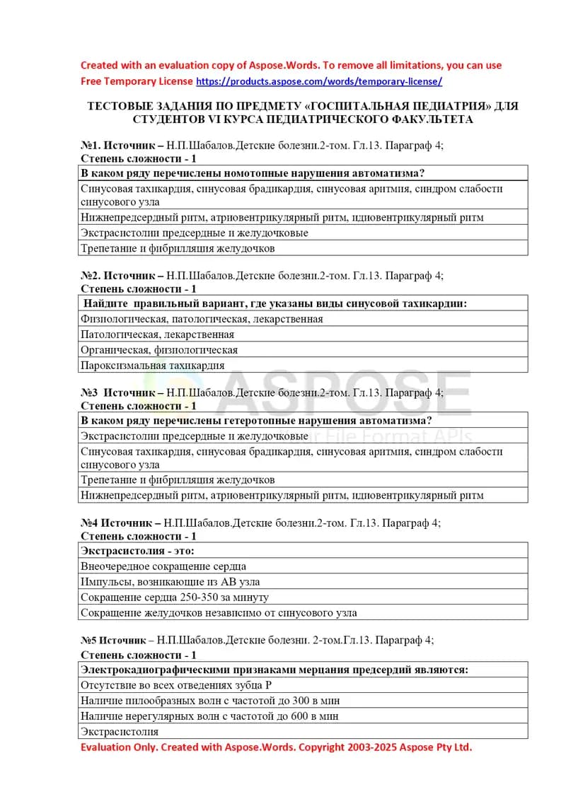 Тестовые задания по предмету «Госпитальная педиатрия» для студентов VI курса педиатрического факультета
