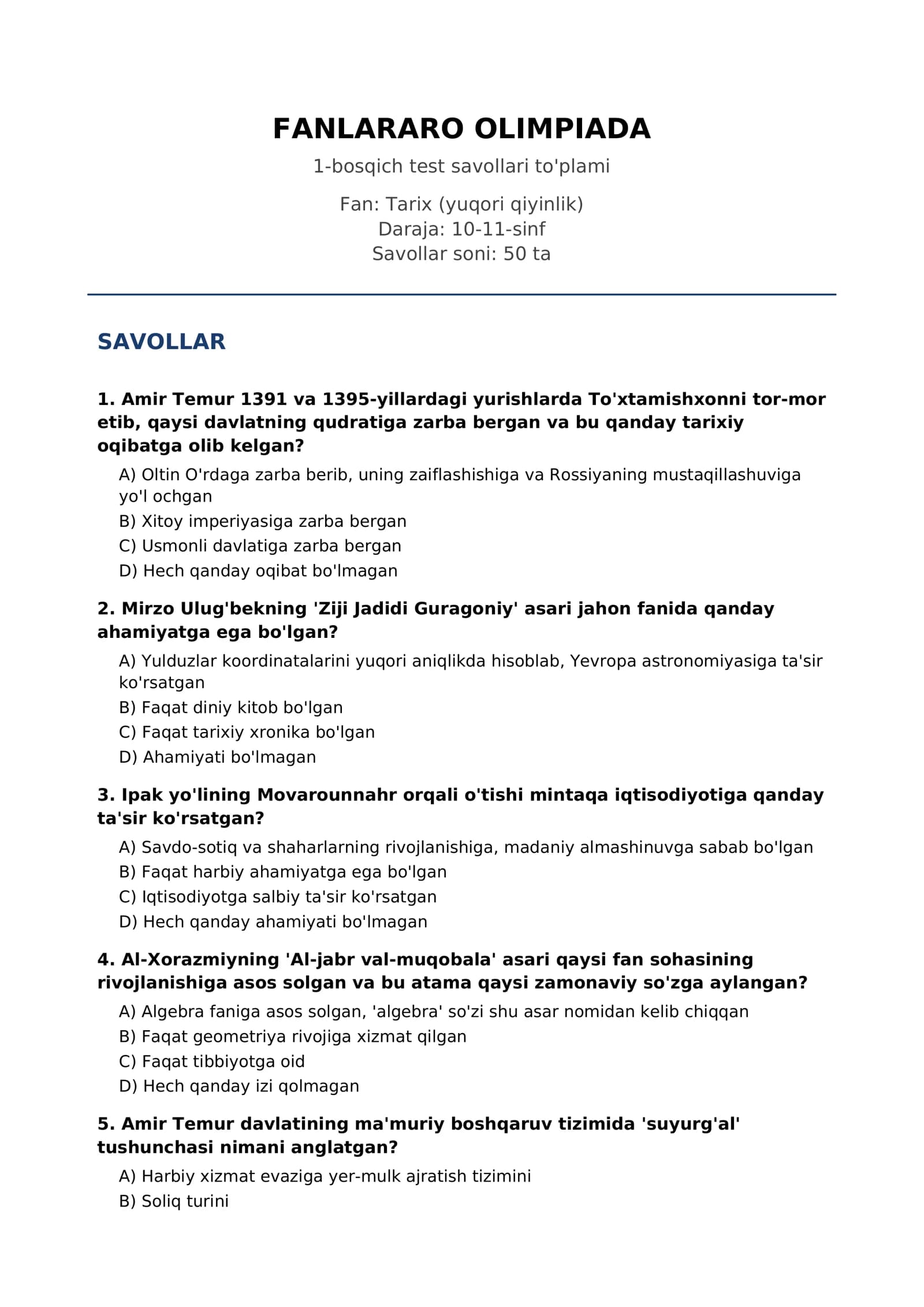 FANLARARO OLIMPIADA 1-bosqich test savollari to'plami