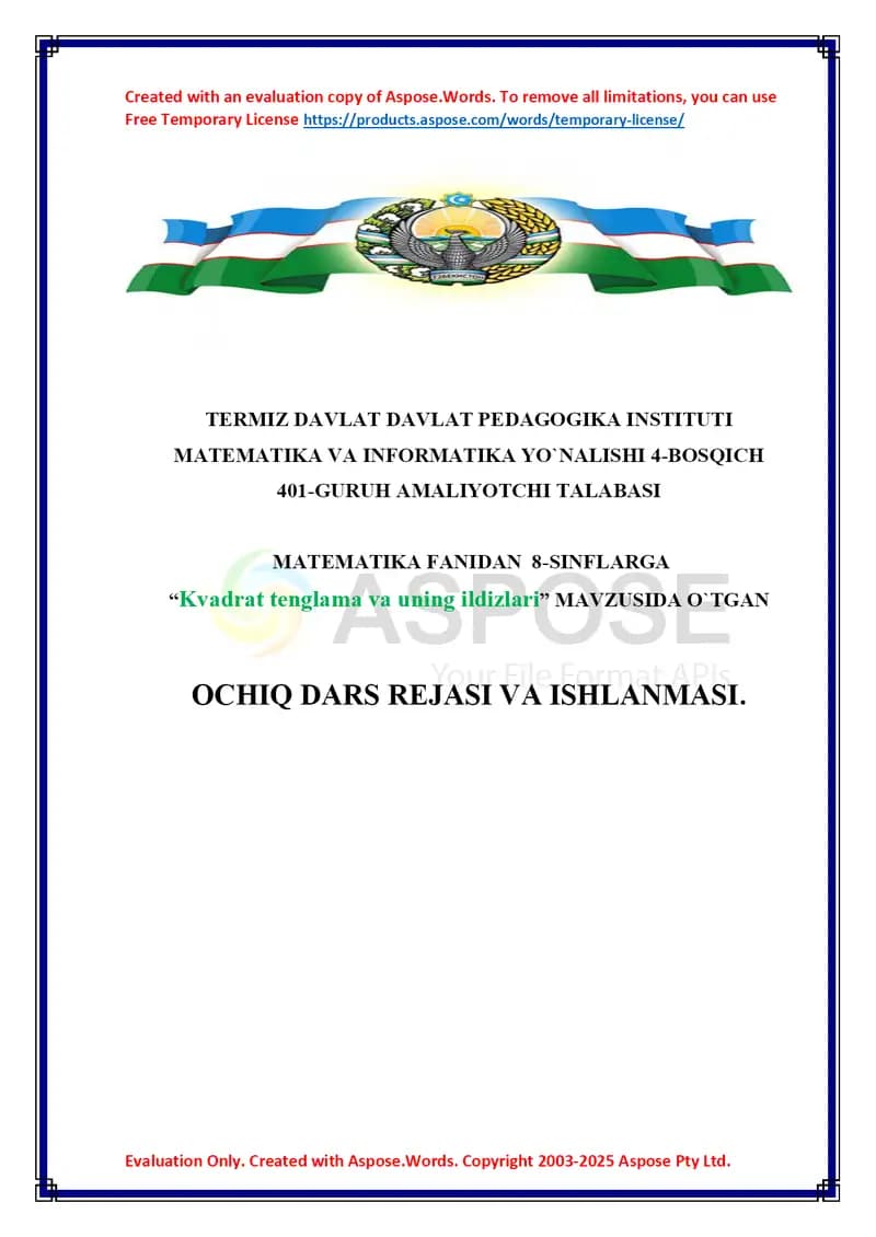 Dars ishlanma MATEMATIKA Kvadrat tenglama