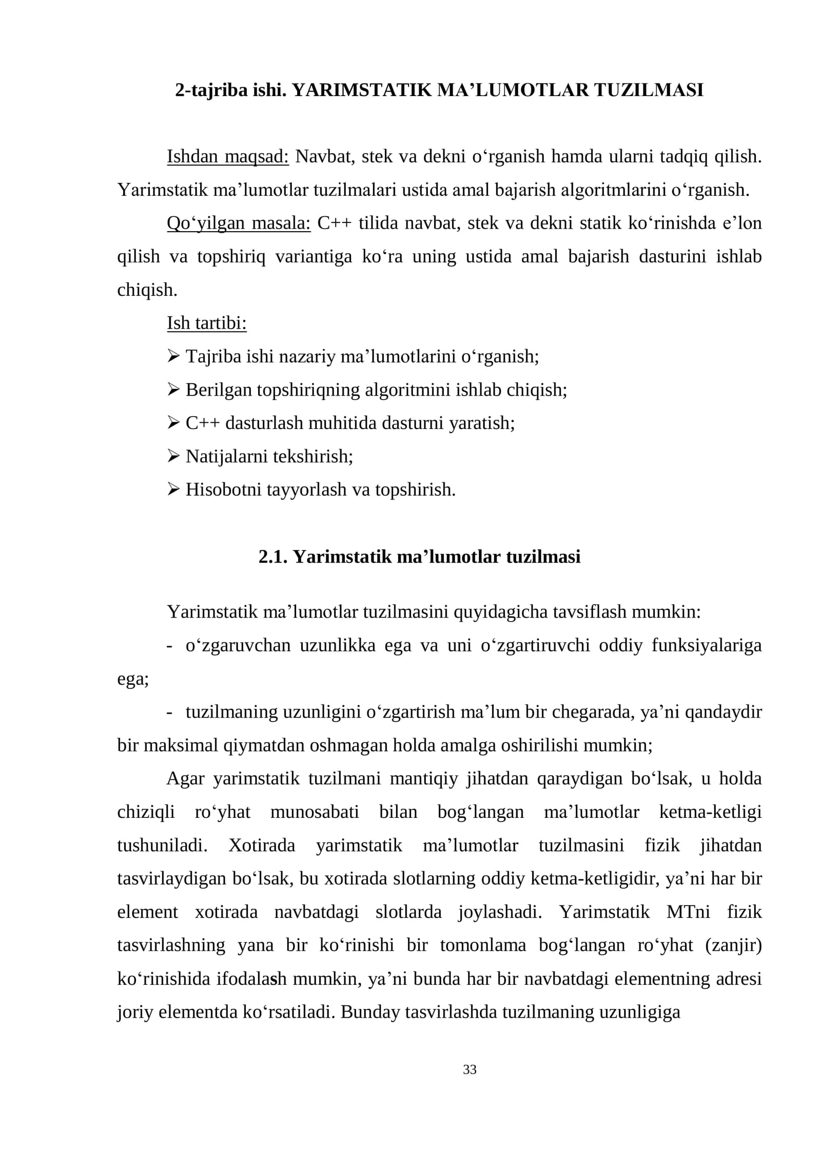 YARIMSTATIK MA‟LUMOTLAR TUZILMASI