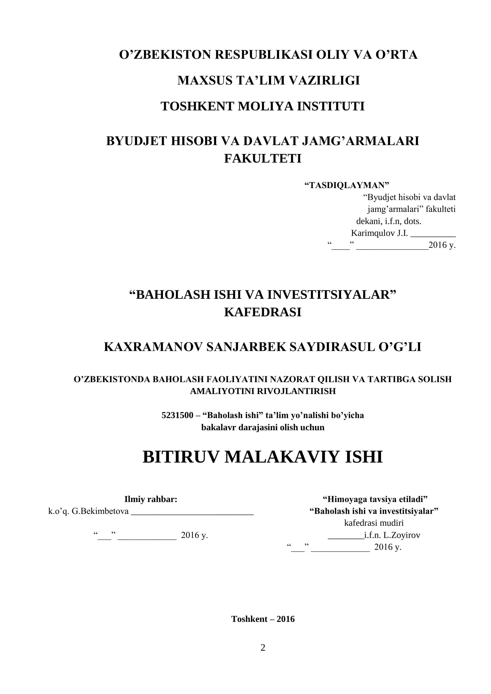 Baholash ishi va investitsiyalar
