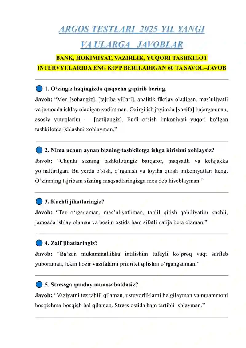 ARGOS TESTLARI 2025-YIL YANGI VA ULARGA JAVOBLAR