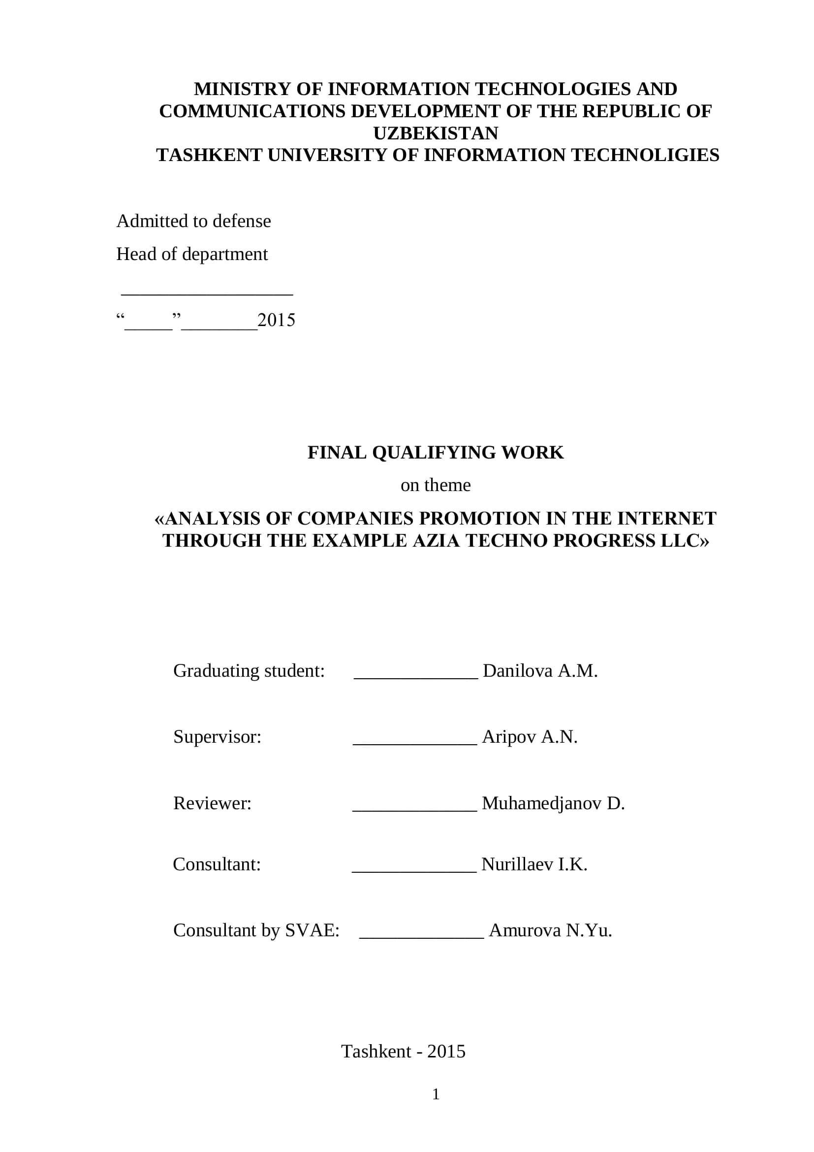 ANALYSIS OF COMPANIES PROMOTION IN THE INTERNET THROUGH THE EXAMPLE AZIA TECHNO PROGRESS LLC