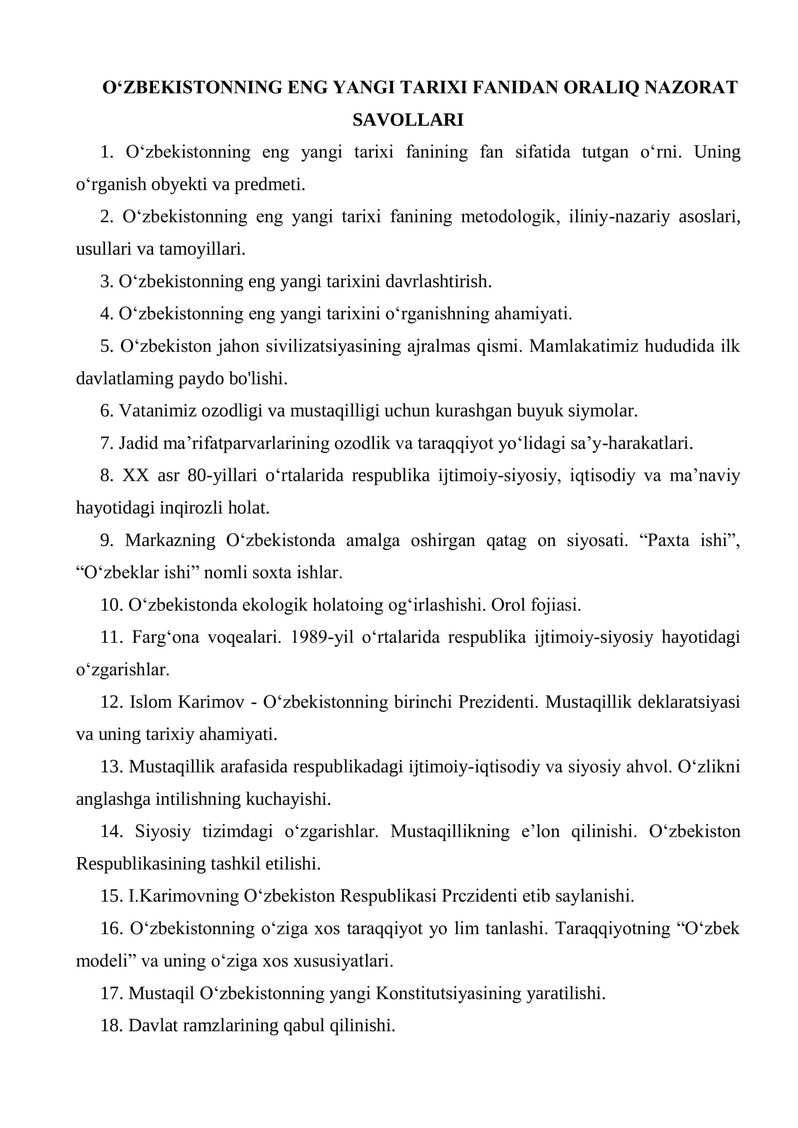O'ZBEKISTONNING ENG YANGI TARIXI FANIDAN ORALIQ NAZORAT SAVOLLARI