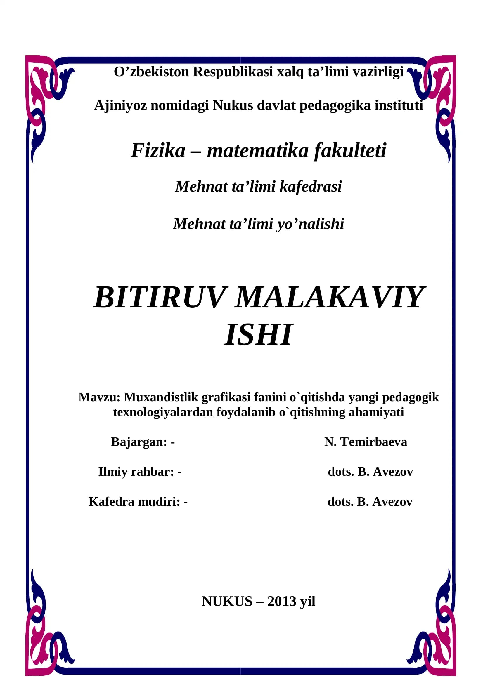 Mehmat ta'limi kafedrasi bitiruv malakaviy ishi