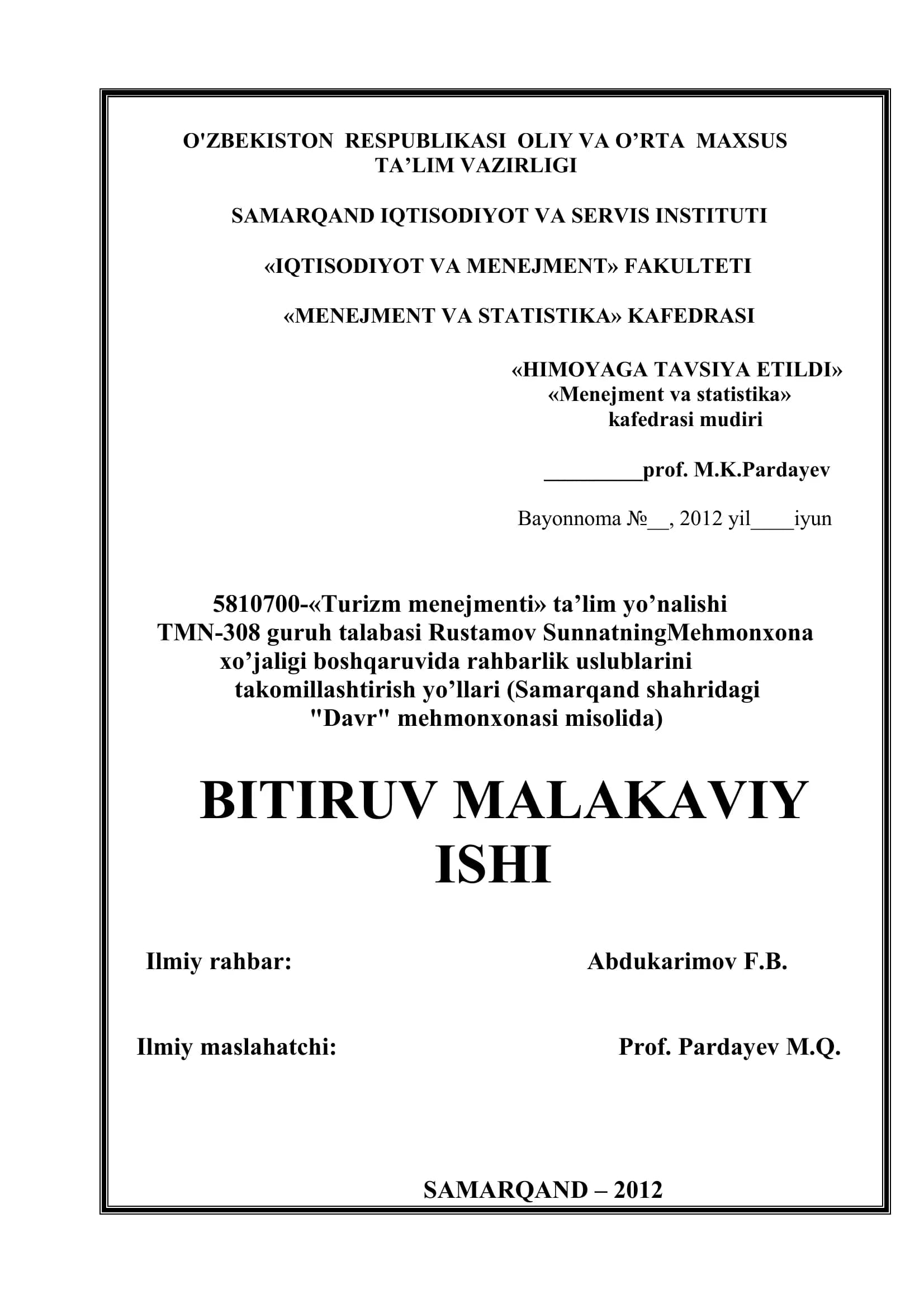 Turizm menejmenti ta’lim yo’nalishi