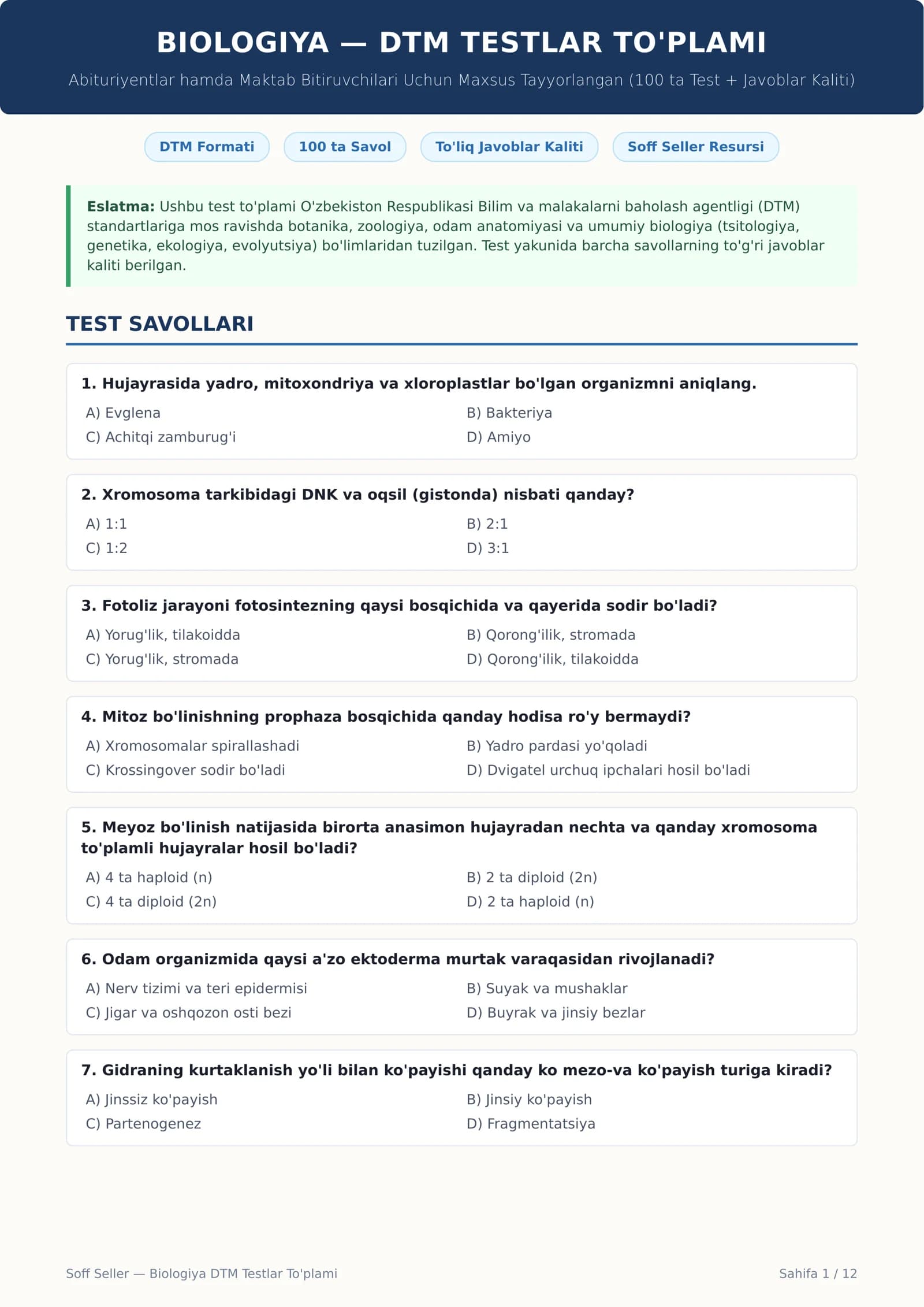 BIOLOGIYA — DTM TESTLAR TO'PLAMI