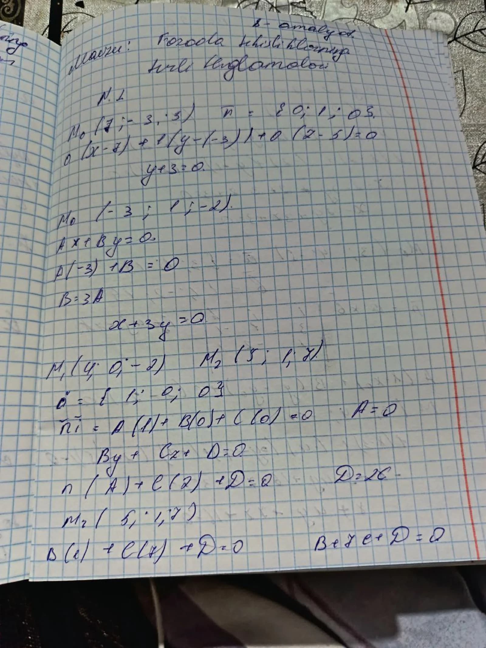 Fazoda tekislikning turli tenglamalari bo'yicha misollar